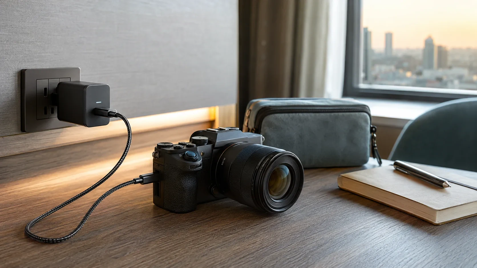 ホテルの机でミラーレスカメラとUSB-C充電器を旅行前に確認する場面