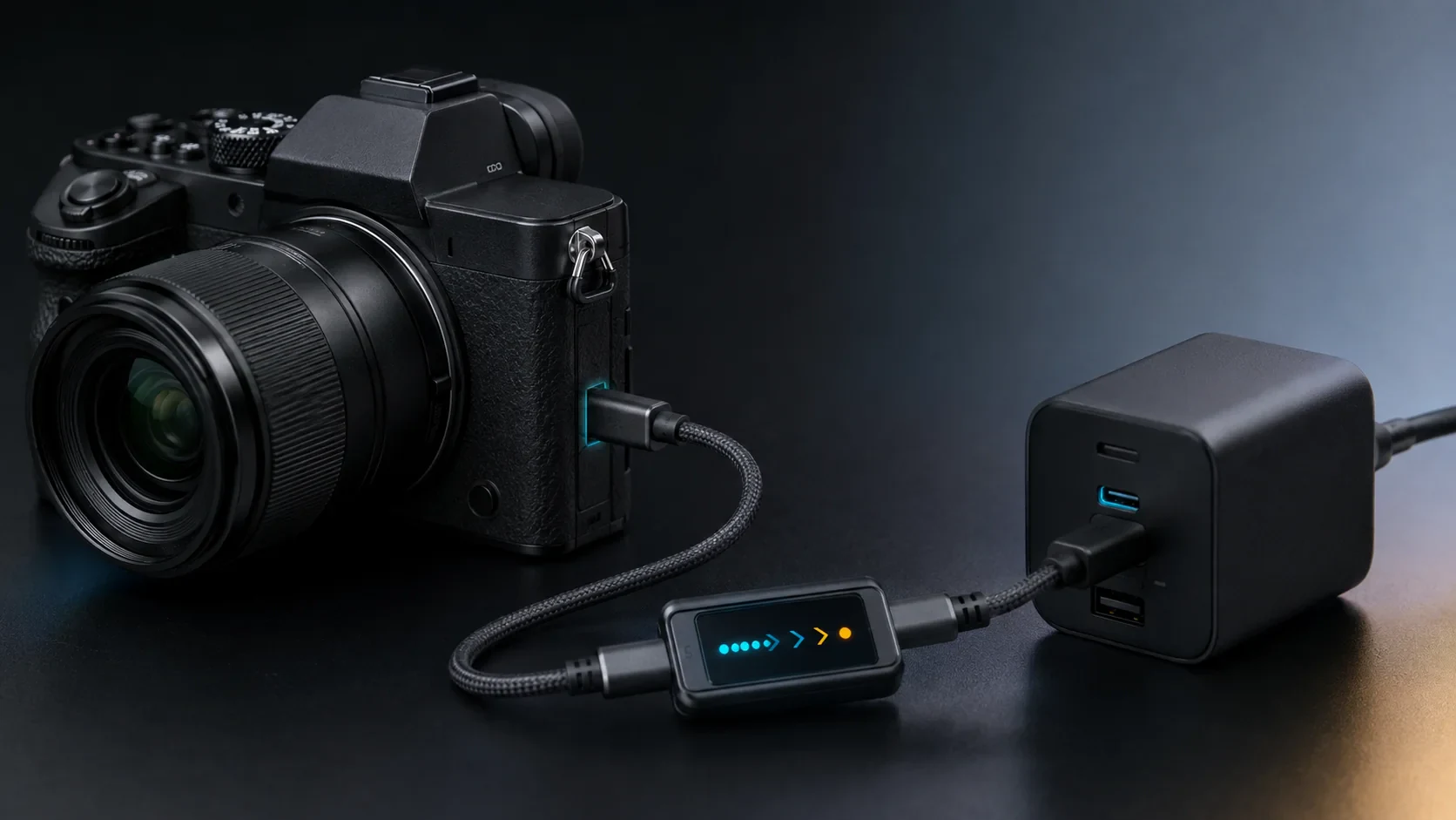 USB-C充電器とカメラの間で電力条件を確認するイメージ