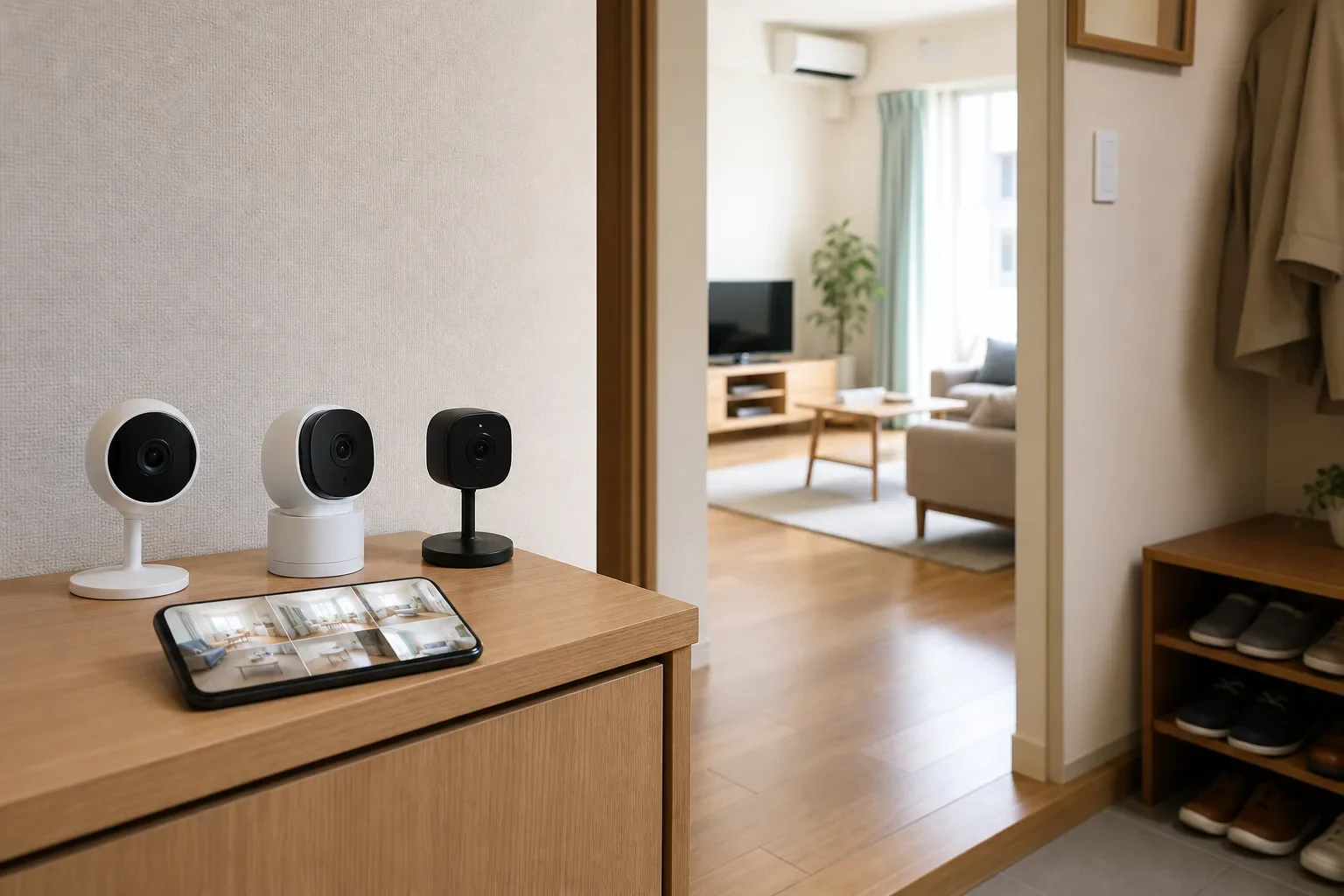 複数の室内カメラとスマートフォンのカメラ一覧を日本の住まいで確認する場面