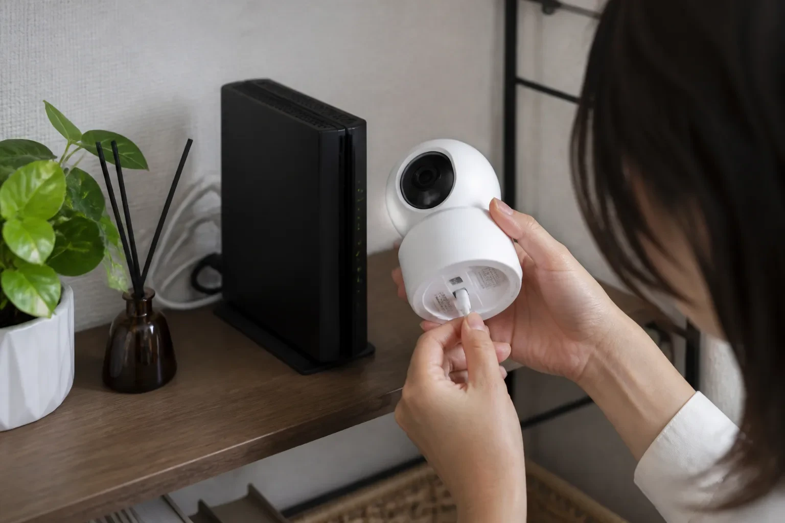 室内カメラの本体、ルーター、電源ケーブルを日本の棚で確認する購入前の場面