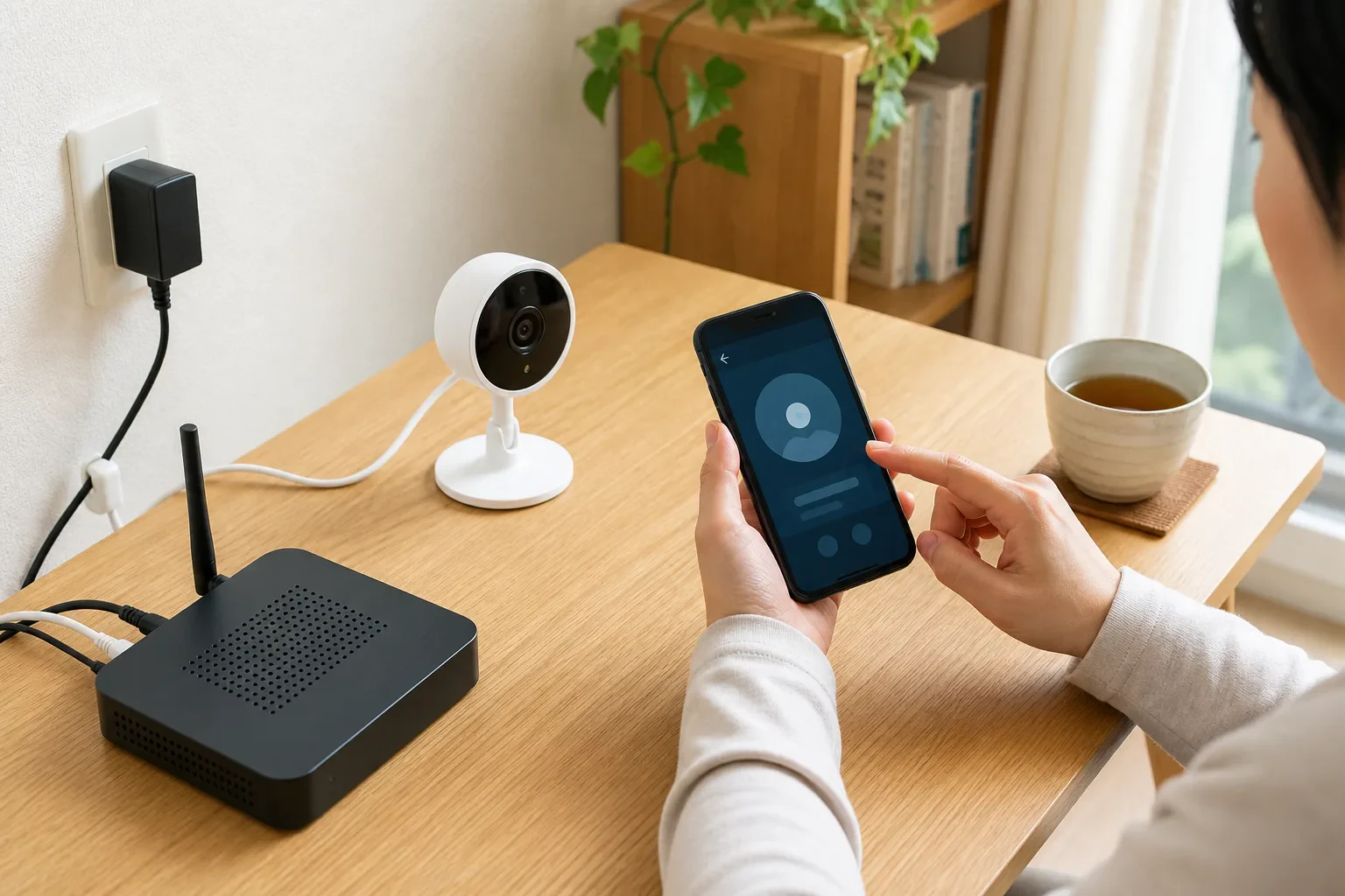 スマートフォンで既存の室内カメラをスマートホームへ追加する手順を確認する場面