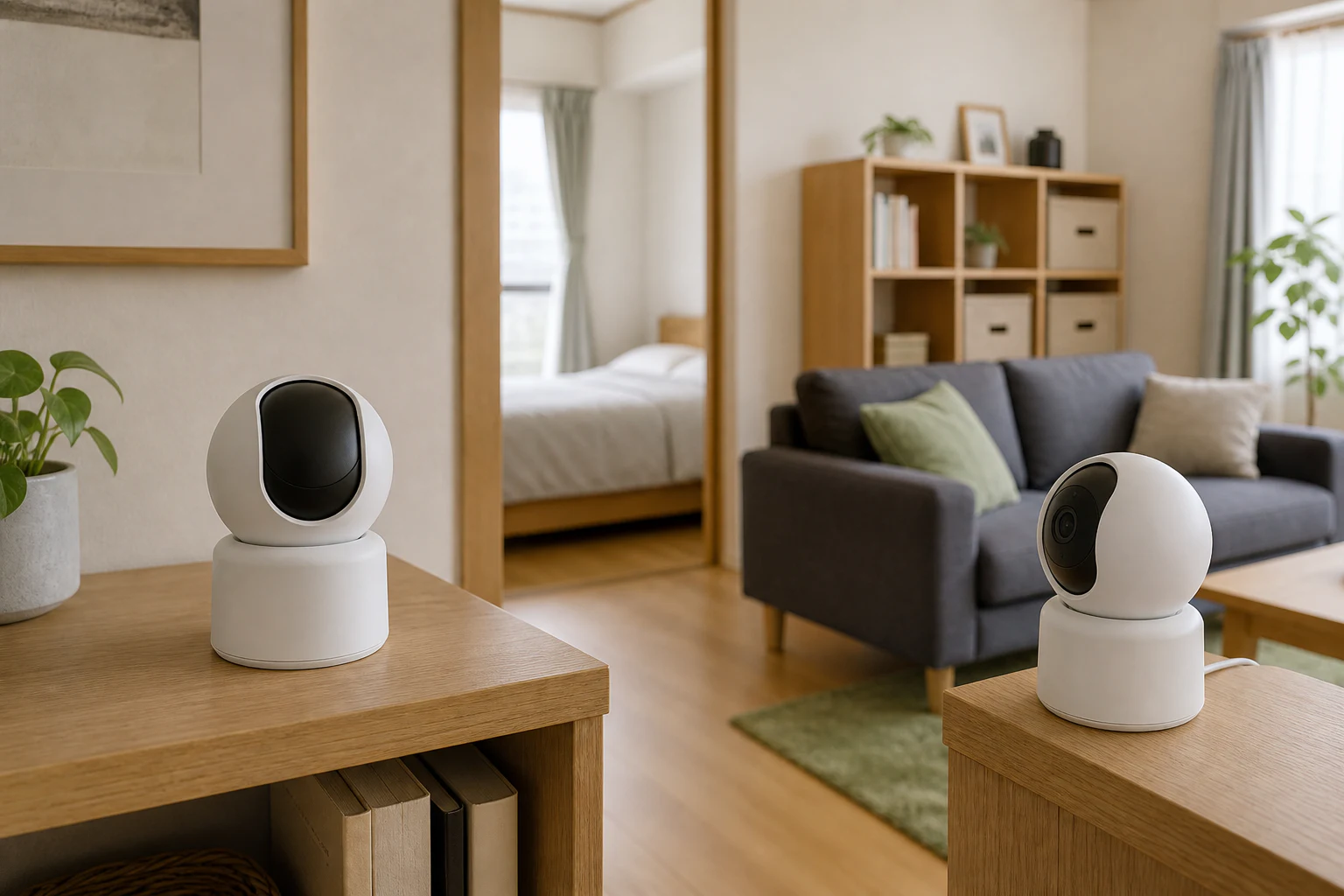 室内カメラの物理的なレンズ遮蔽とアプリの範囲指定を見比べるイメージ