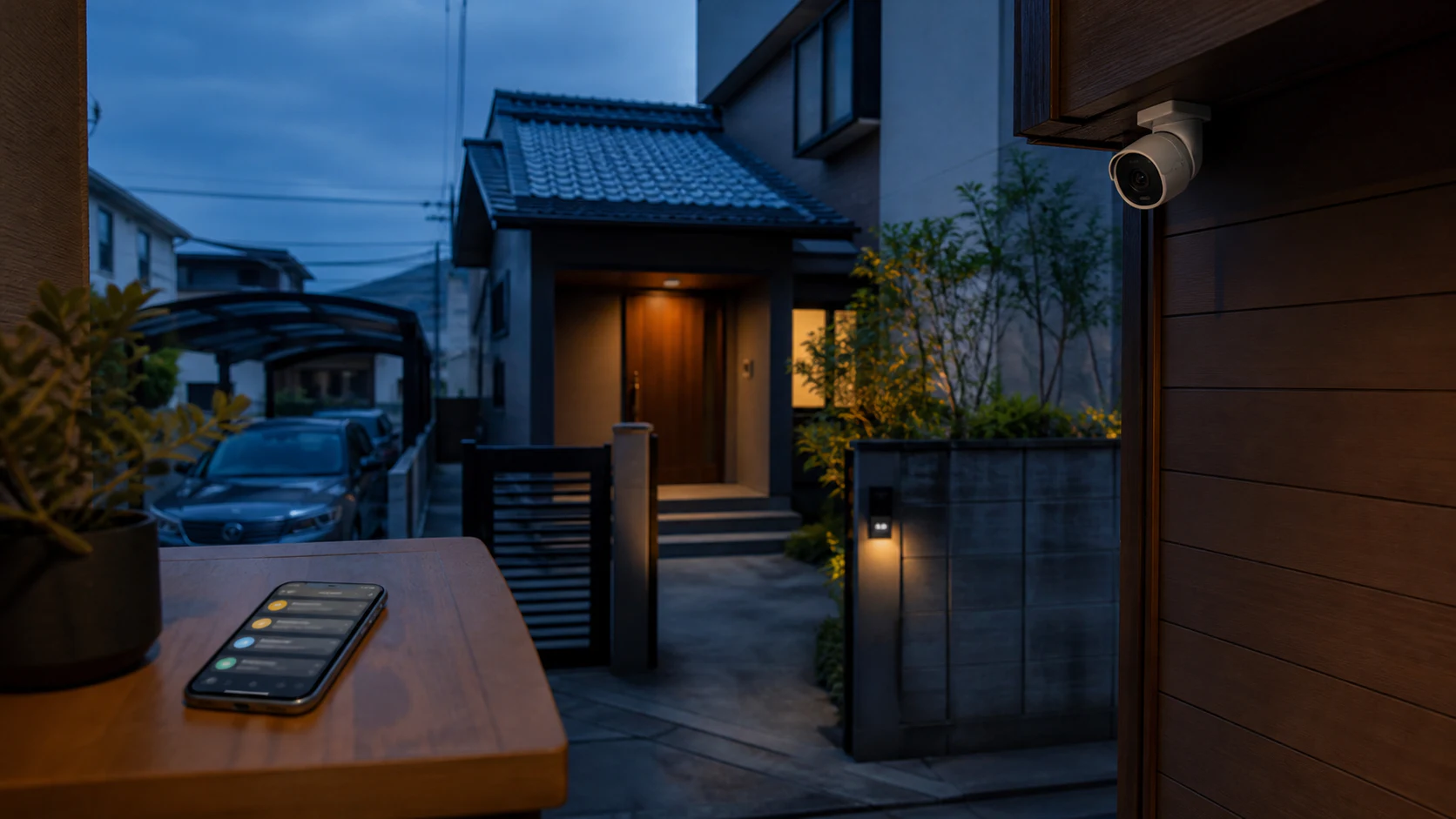 日本の戸建て住宅の玄関と車庫を見守るカメラ、通知を表示したスマートフォン