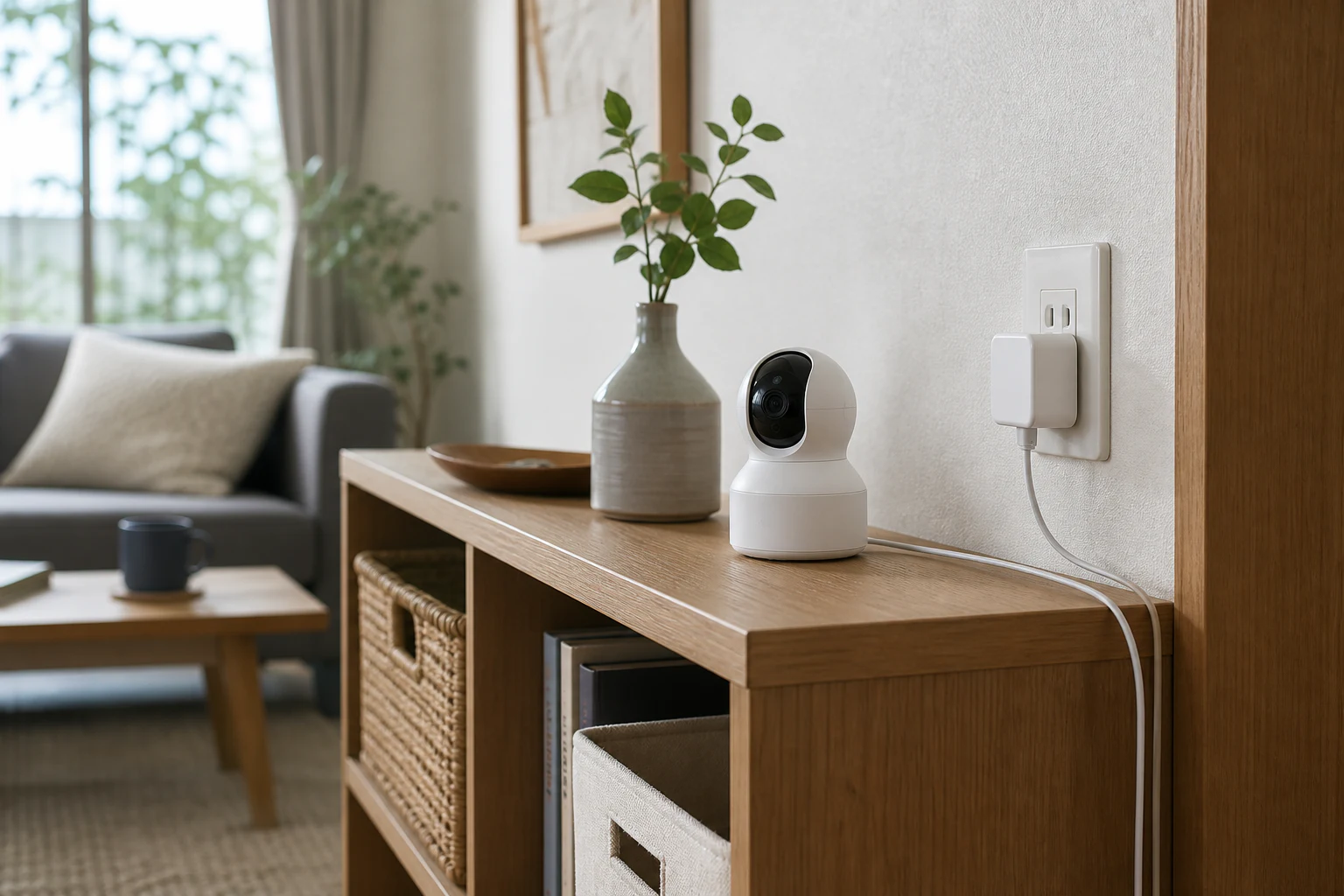 室内カメラと壁のコンセントを結ぶ電源ケーブル