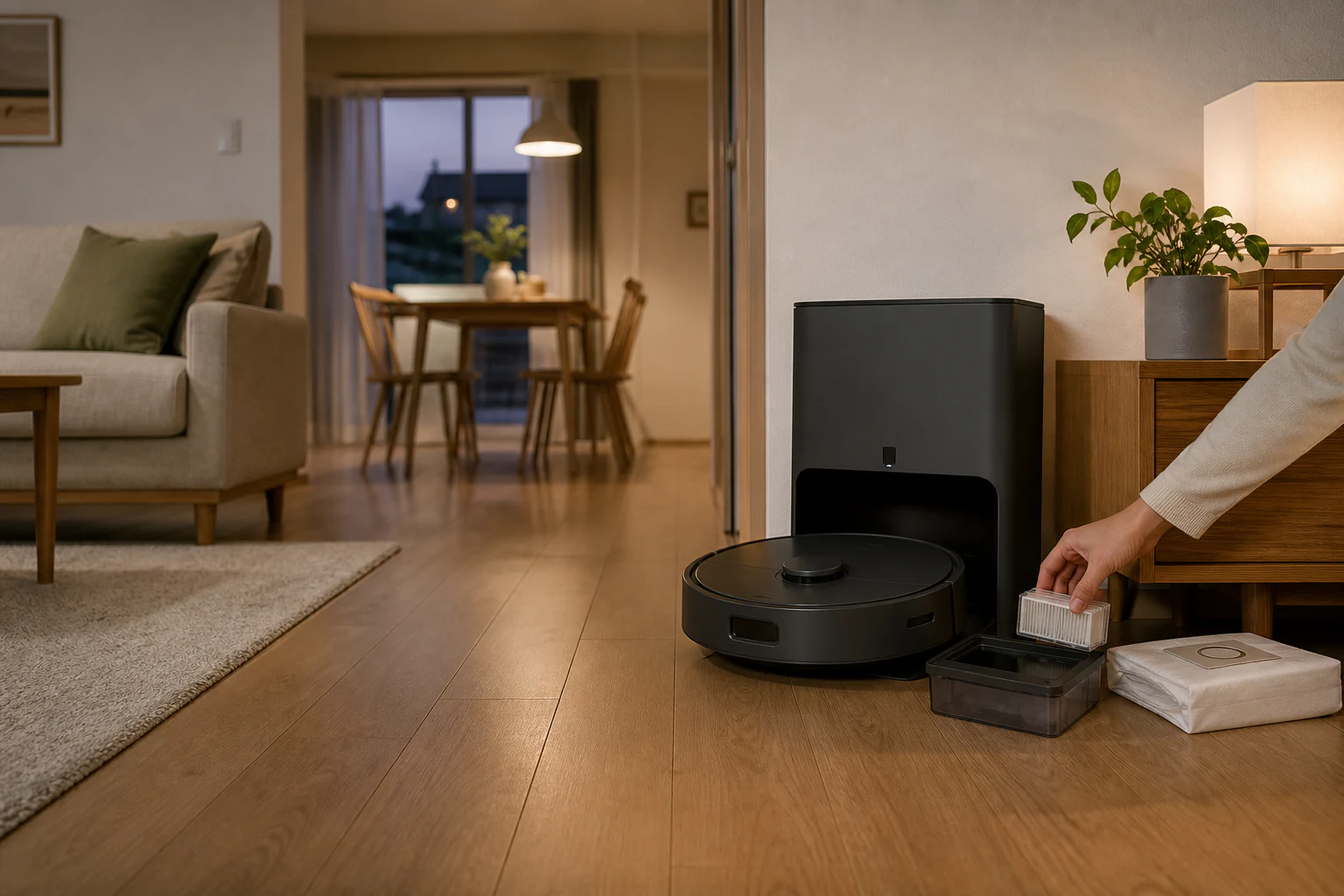 日本のリビングでロボット掃除機のドックと消耗品を確認する様子
