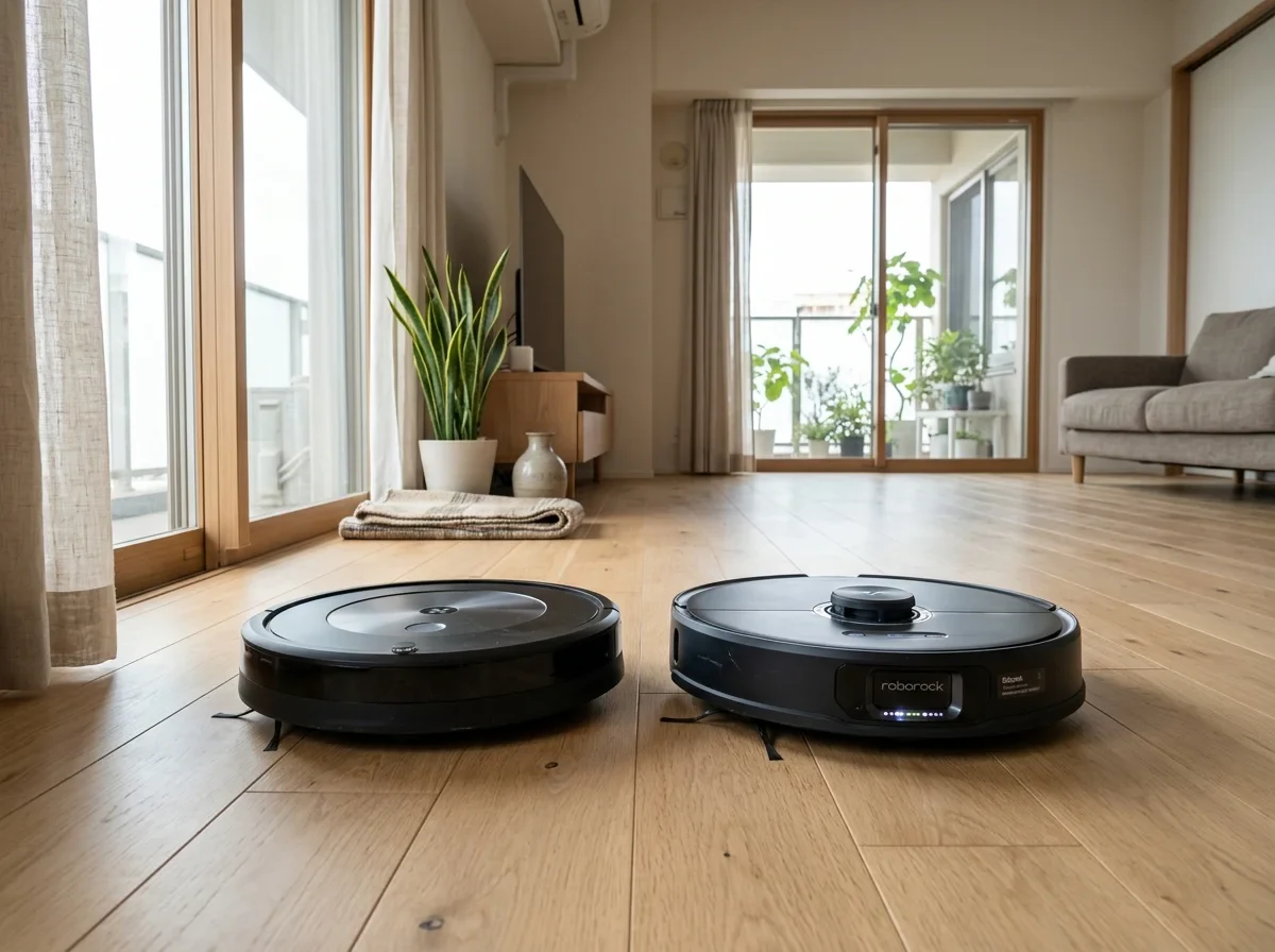 フローリングの上で並んで走るロボット掃除機