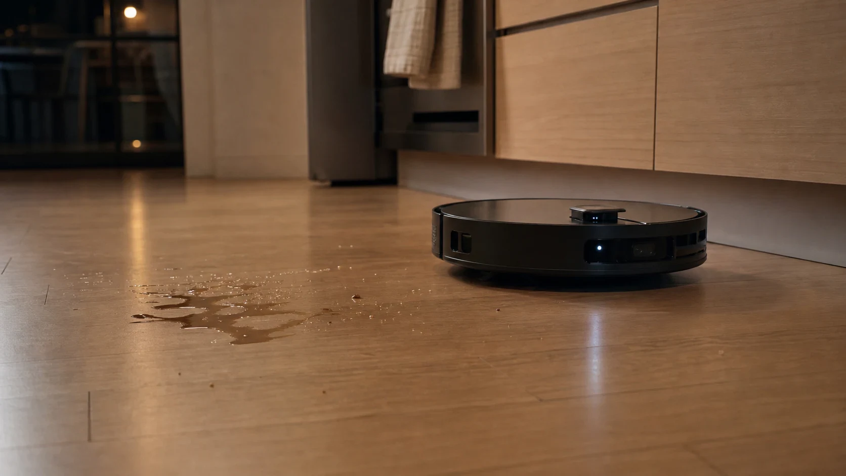 キッチンの床の食べこぼしを掃除するロボット掃除機