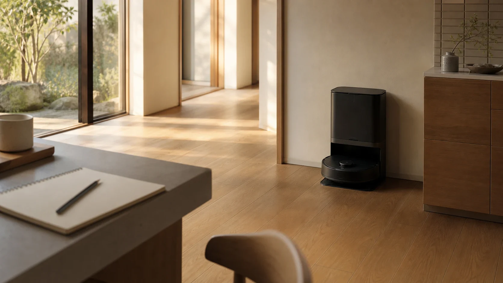 朝の光が入る部屋でドックに戻るロボット掃除機