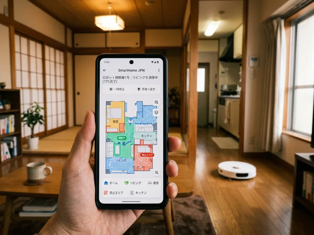 スマートフォンでロボット掃除機の走行ルートを設定するイメージ