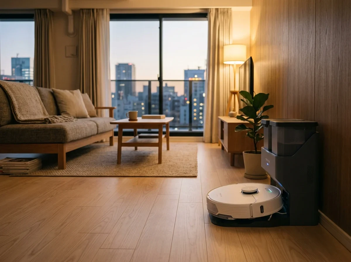 リビングの床を走るロボット掃除機とドック