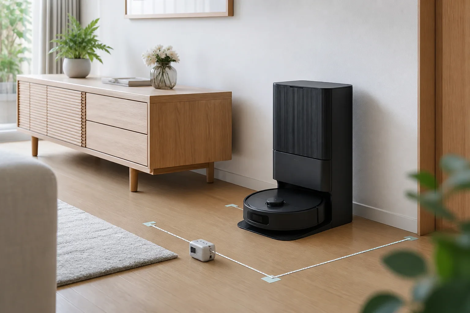 日本のリビングの壁際にロボット掃除機のステーションを置き、左右と前方の空間を確保する様子