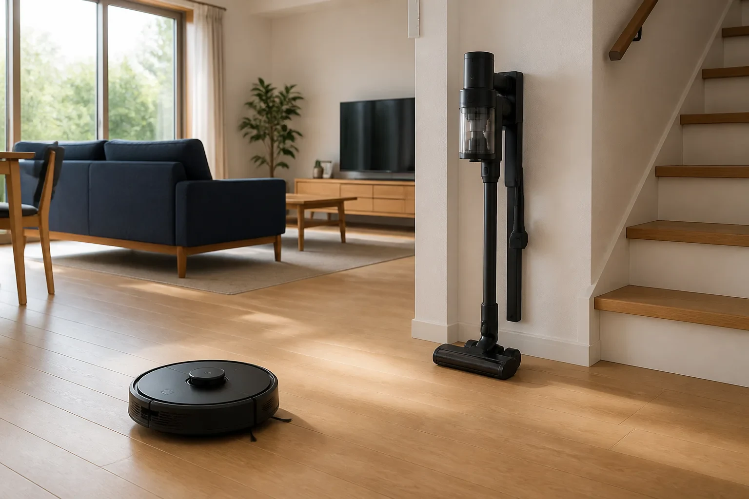1階のフローリングをロボット掃除機、階段と食べこぼしをコードレス掃除機が受け持つ戸建ての構成