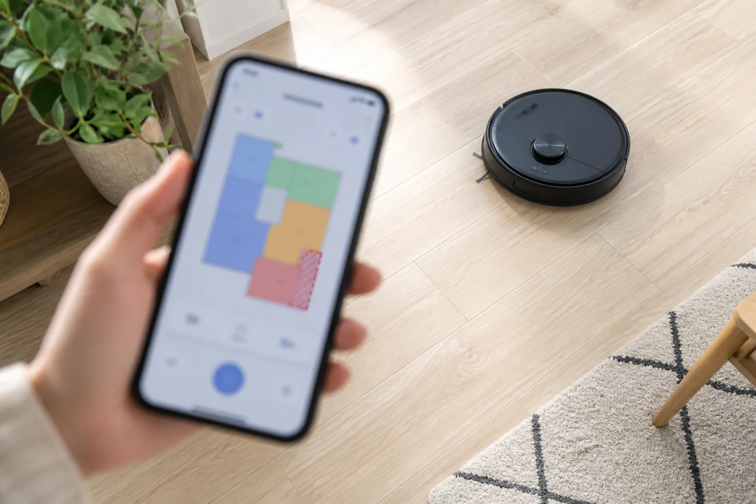部屋の地図と進入禁止範囲を考えるスマートフォン画面のイメージ