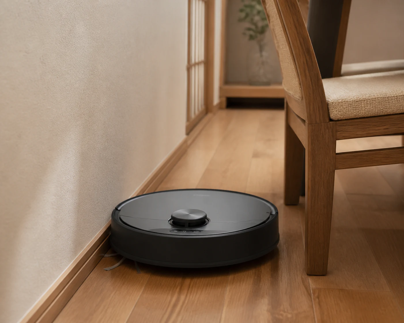 壁際とダイニングチェアの脚に沿って走るロボット掃除機