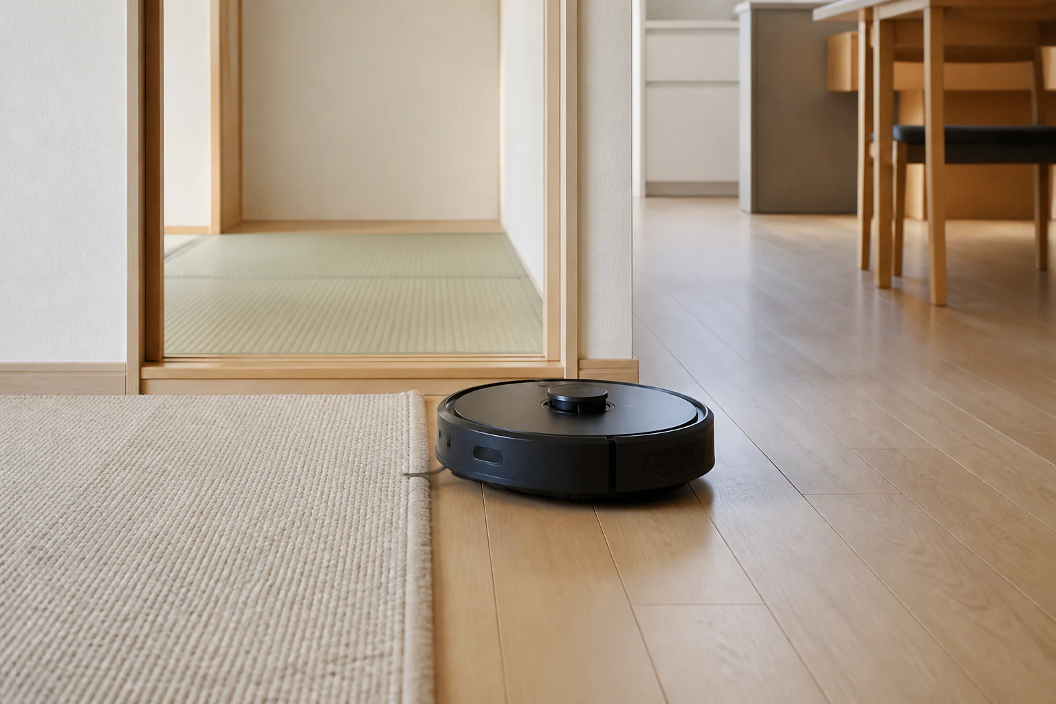 フローリングとラグ、畳の境界に近づくロボット掃除機