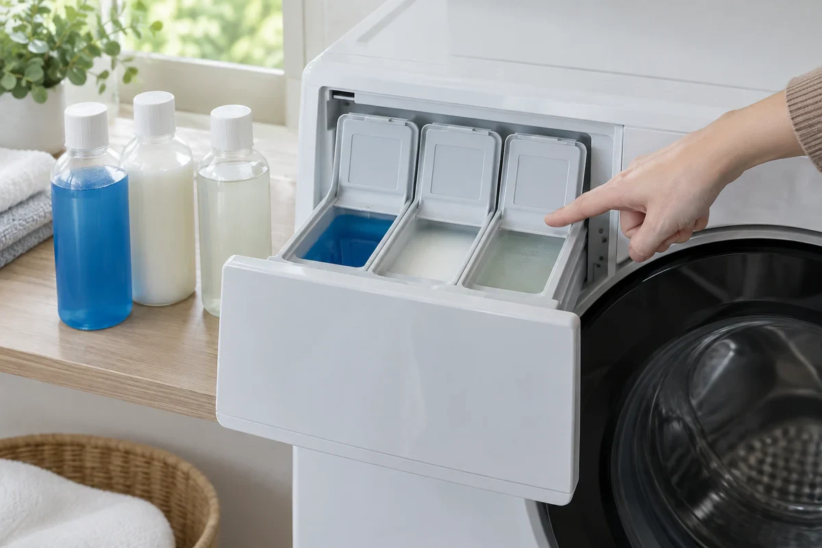 液剤を入れる自動投入タンクを確認する手元