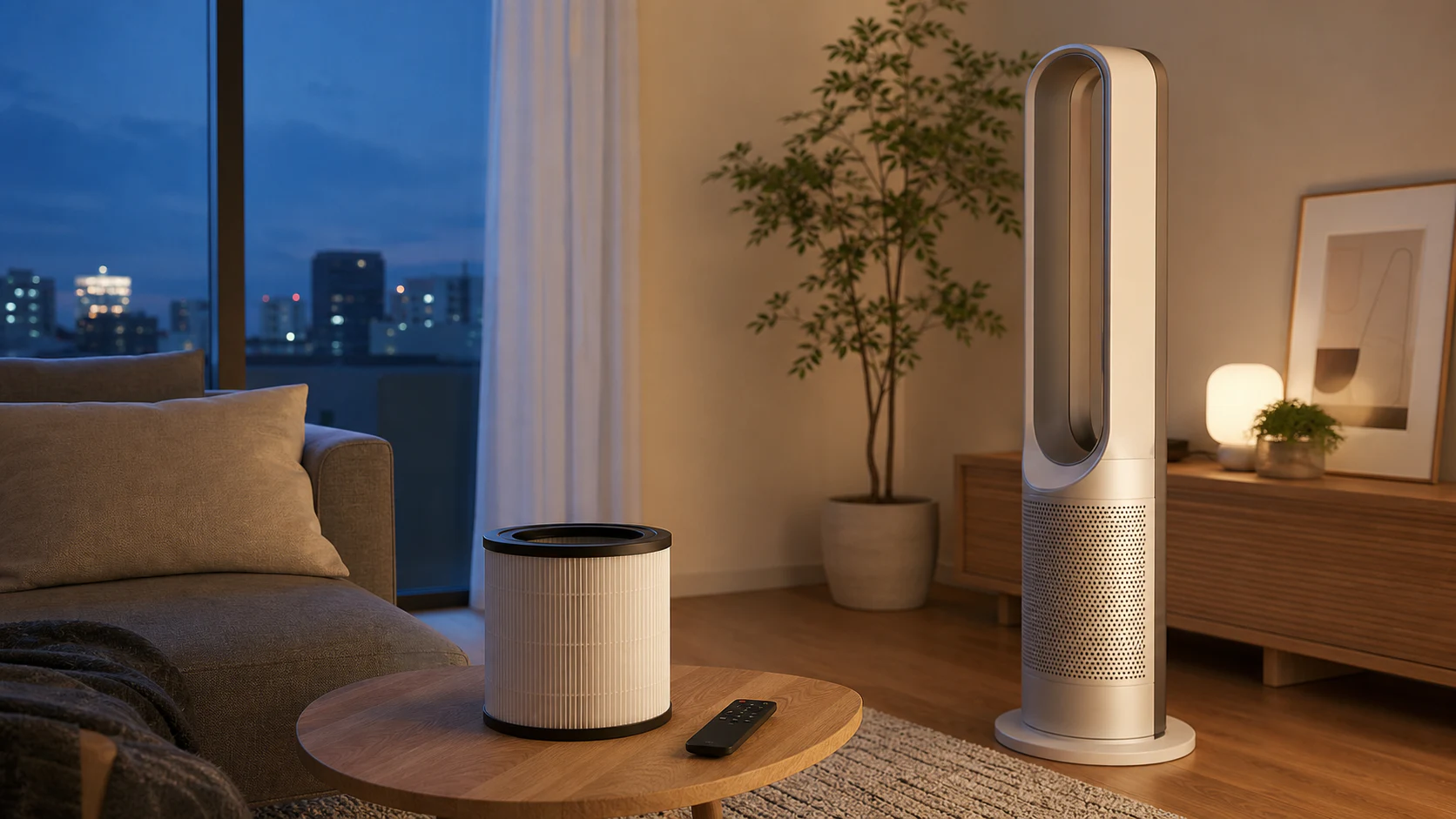 フィルターを備えたDysonの空気清浄ファンを部屋に置いたイメージ