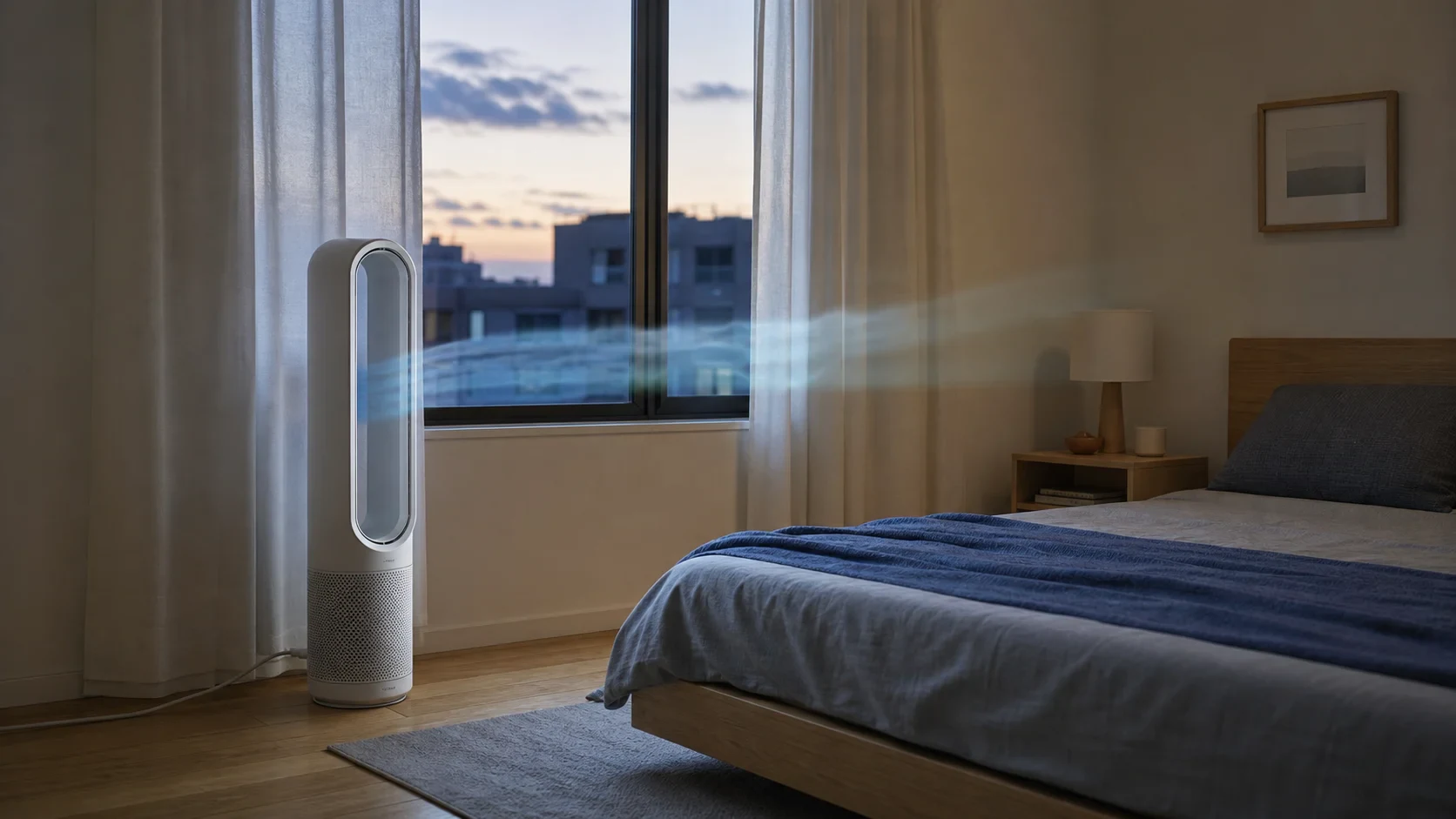 寝室で送風するDysonのタワー型空気清浄ファン
