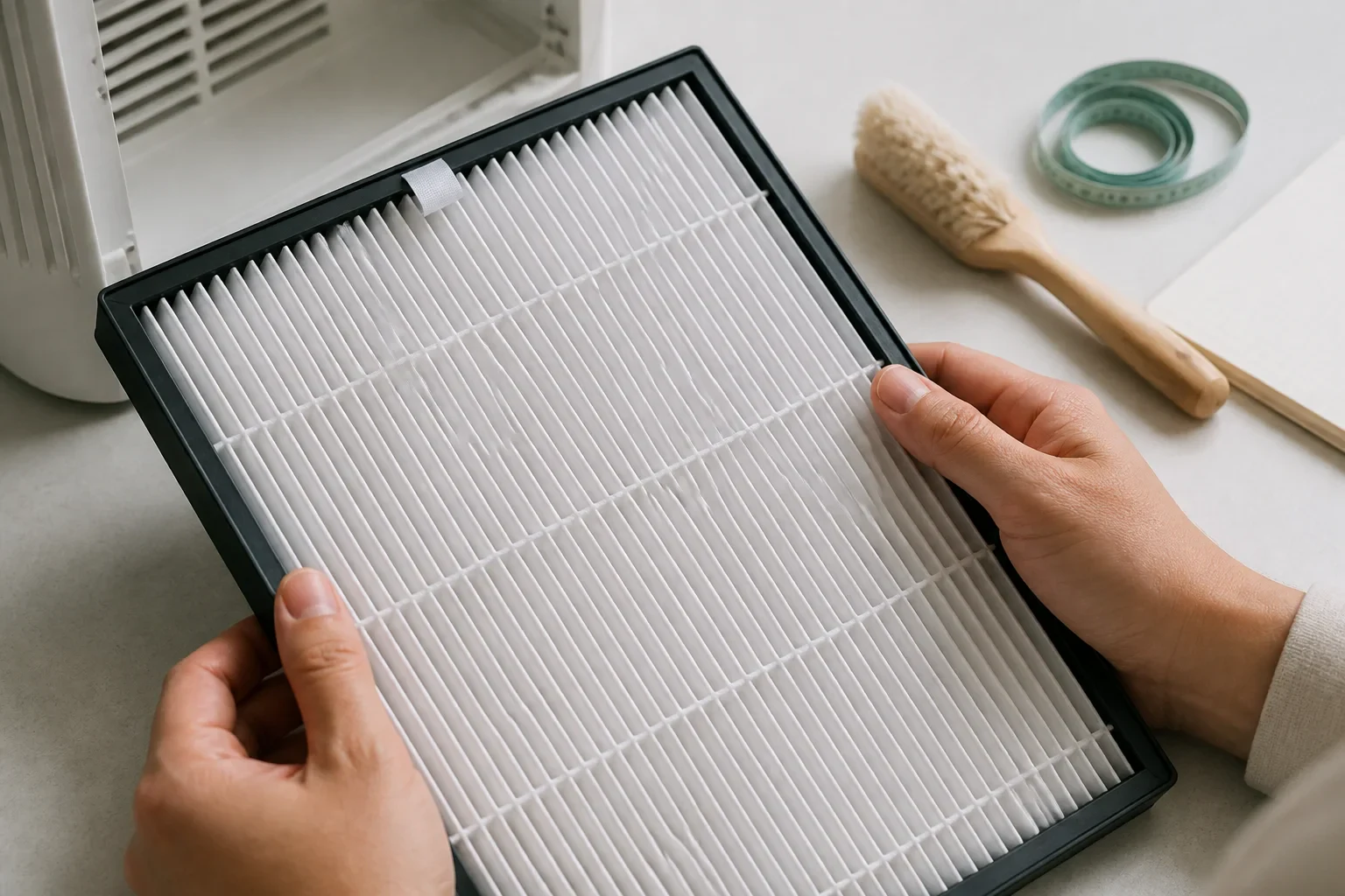 交換フィルターを手に取り維持費を考える編集用イメージ