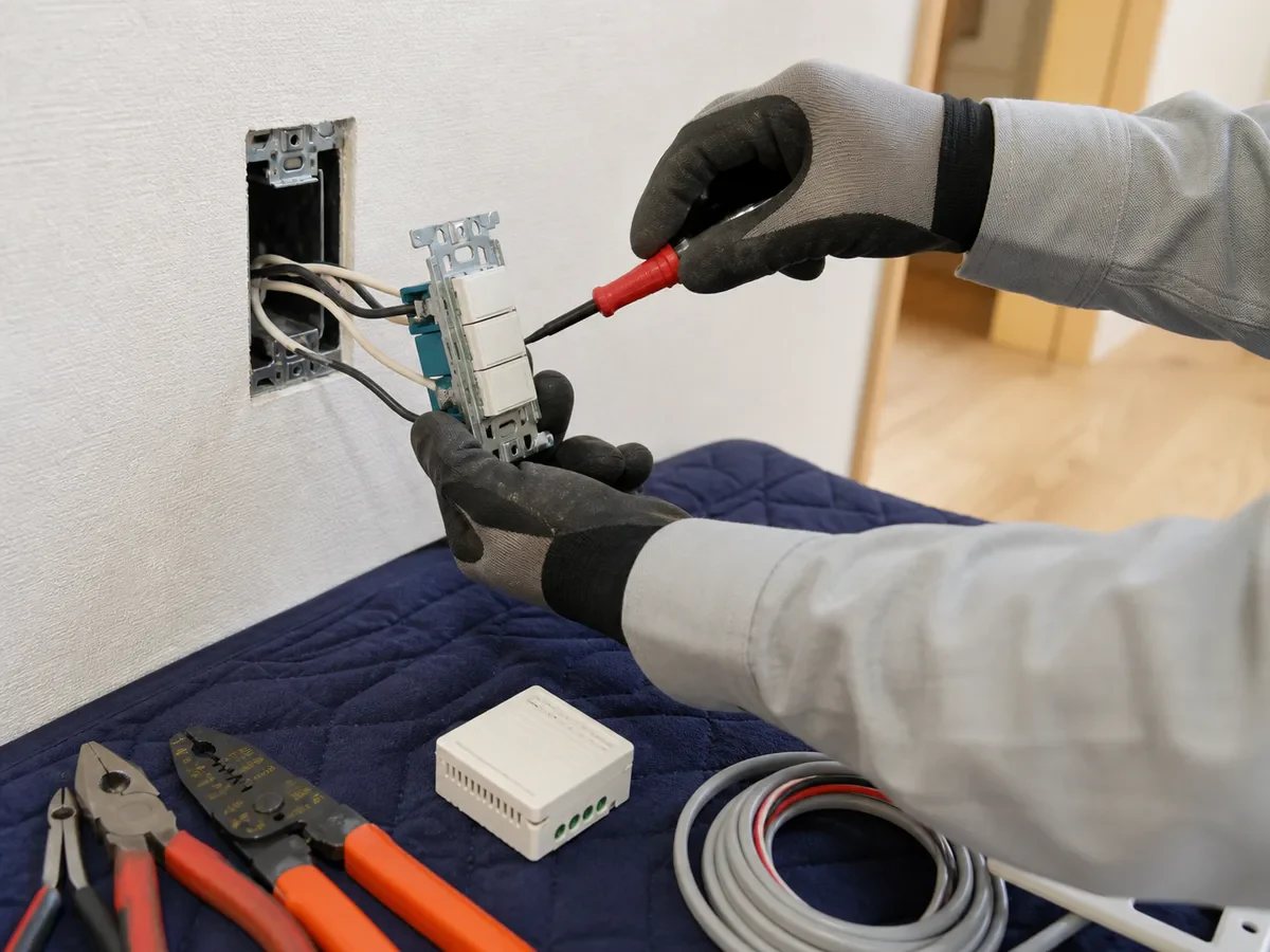 電気工事士が手袋をして壁内のボックスと小型リレーを確認する場面。DIYではなく施工前の確認を示す