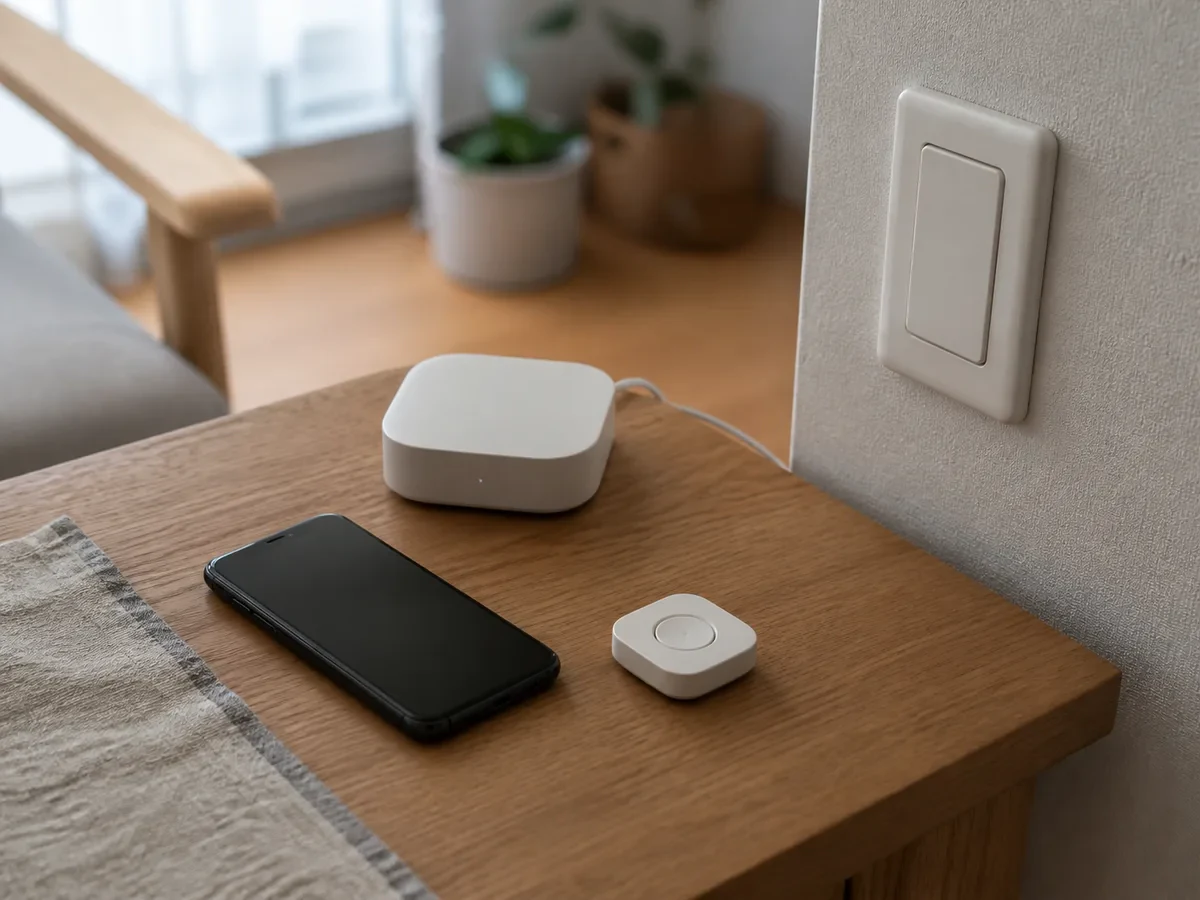 スマートフォンを伏せて置いた小さなテーブルに、ハブと物理ボタンと壁スイッチが並ぶ構図