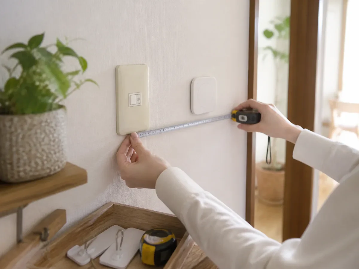賃貸の白い壁スイッチのそばに、取り外せる小型ボタンとメジャーを置いた場面