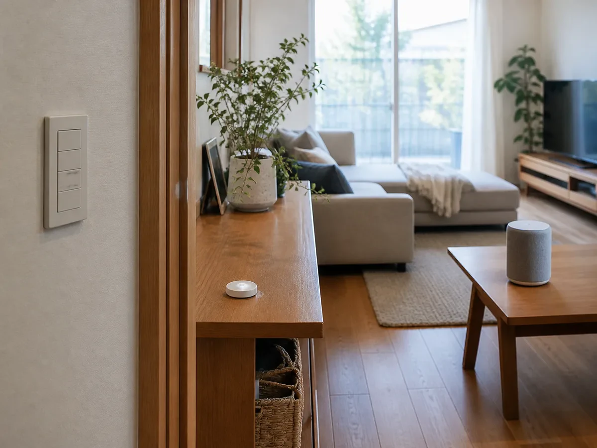 明るい日本のリビングで壁スイッチ、物理ボタン、スマートスピーカーが別々の場所に配置された場面