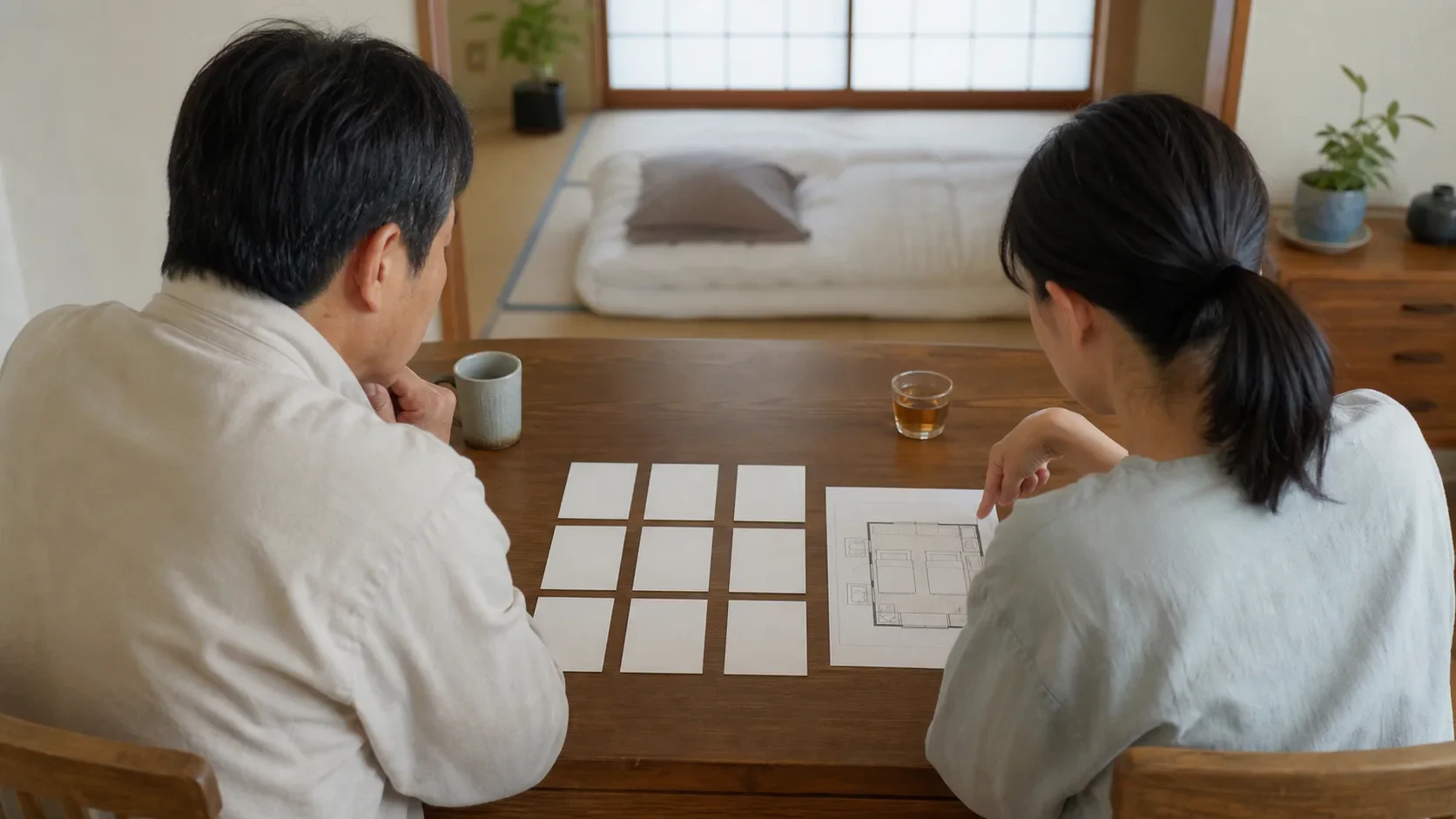 家族が客室の一泊運用を三つの欄へ整理する場面。画像内文字は入れず、後から意味が分かる構図にする