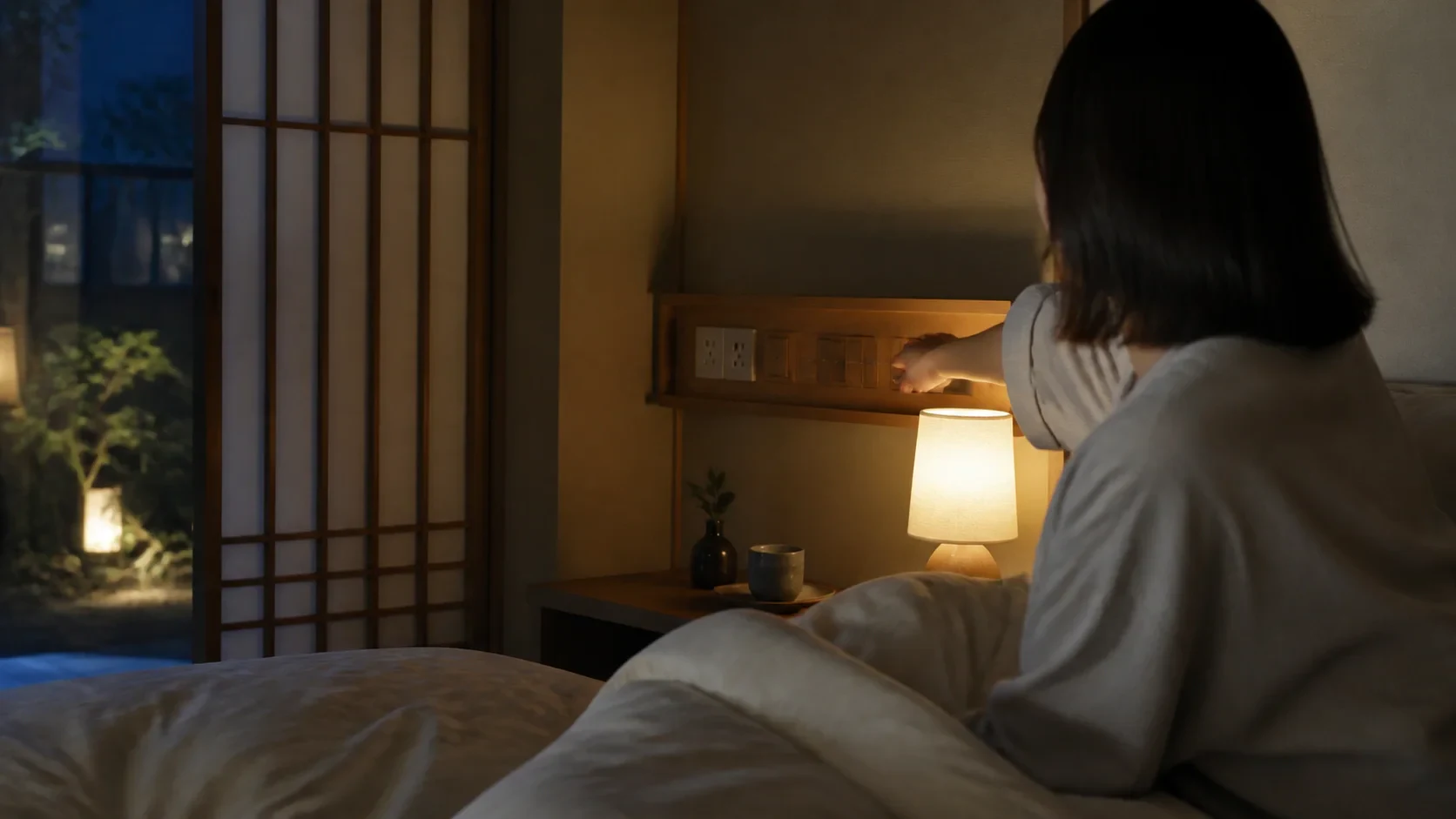 日本の客室で泊まり客がベッド脇の共有操作へ手を伸ばす場面