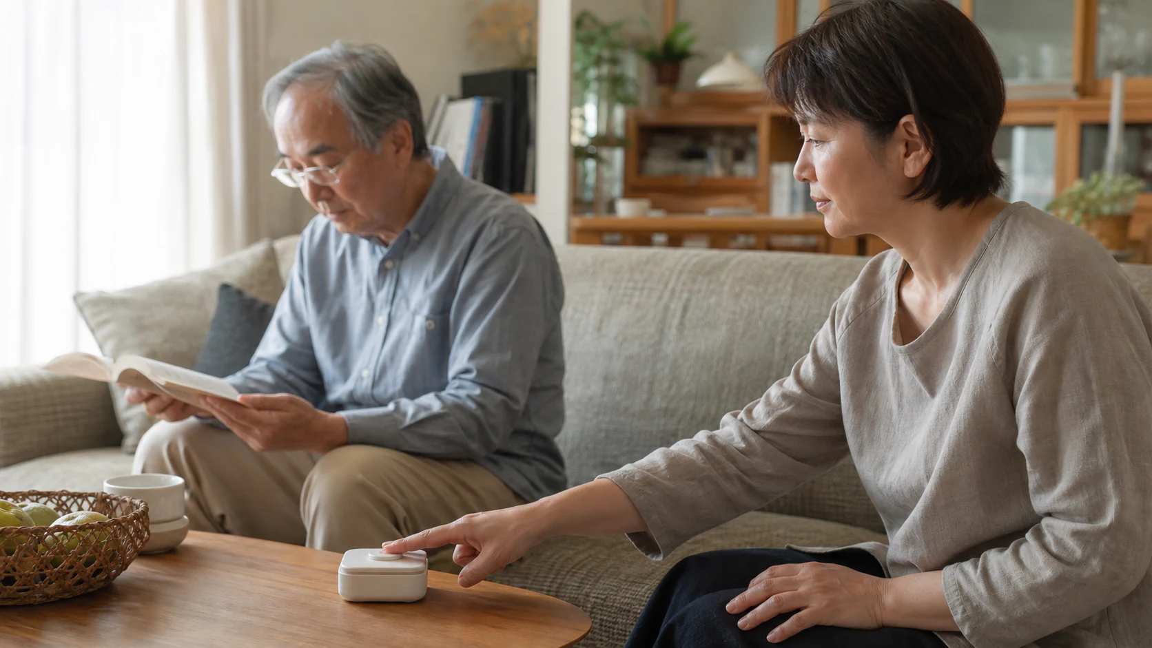 家族がリビングの小さな物理ボタンを押し、別の人が読書を続ける様子