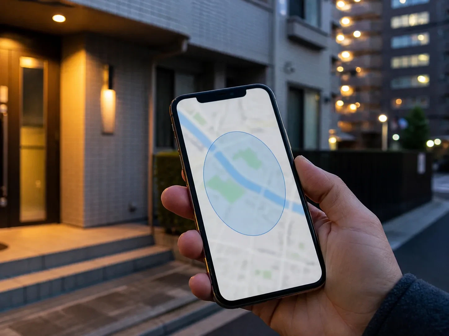 集合住宅の前でスマートフォンの地図に抽象的な境界円を表示する場面