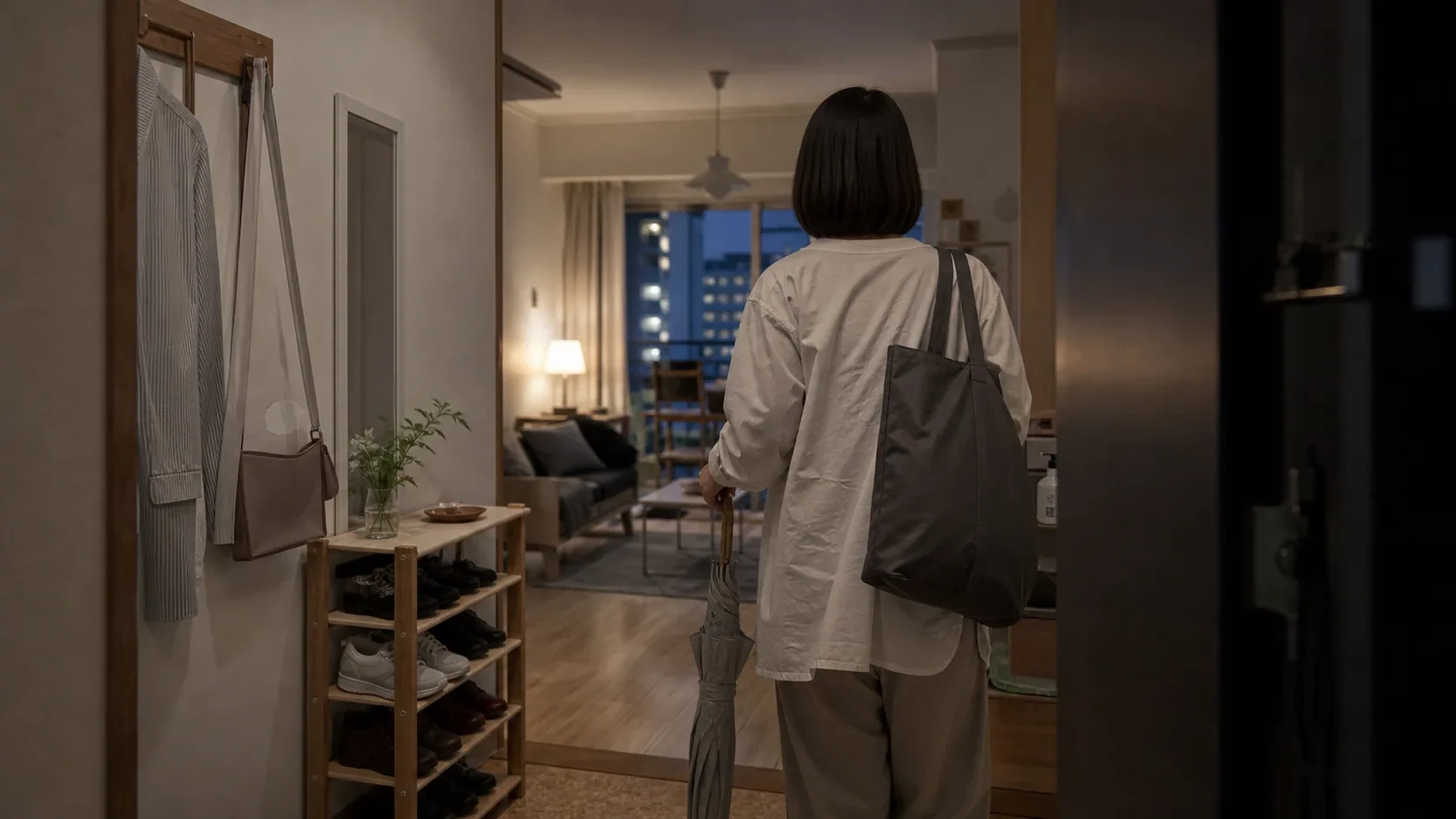 夕方の日本の住まいで帰宅した人が玄関からリビングへ入る場面