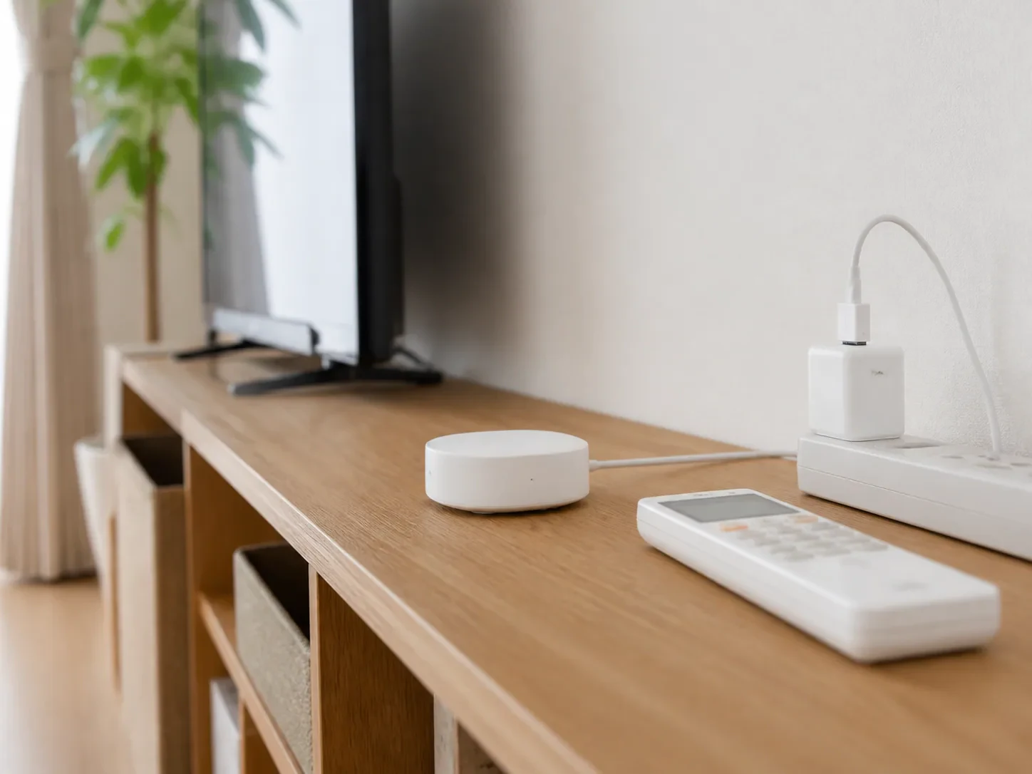 スマートホームハブ、USB Type-A電源アダプター、エアコンの元リモコンを棚に置いた場面