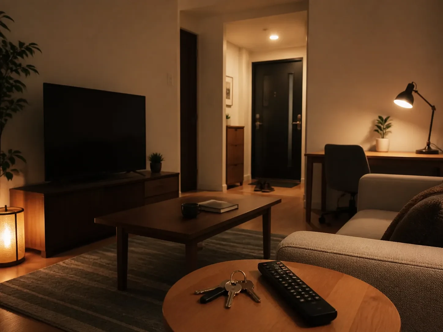 帰宅後の玄関照明と机の灯りだけがつき、テレビは消えた静かなリビング
