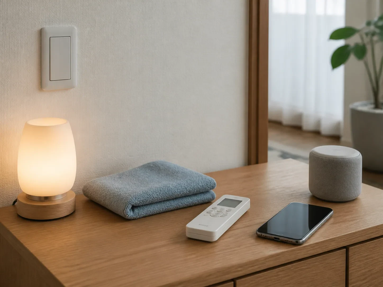 玄関照明、エアコンのリモコン、スマートフォンを別々に置いた暮らしの操作点