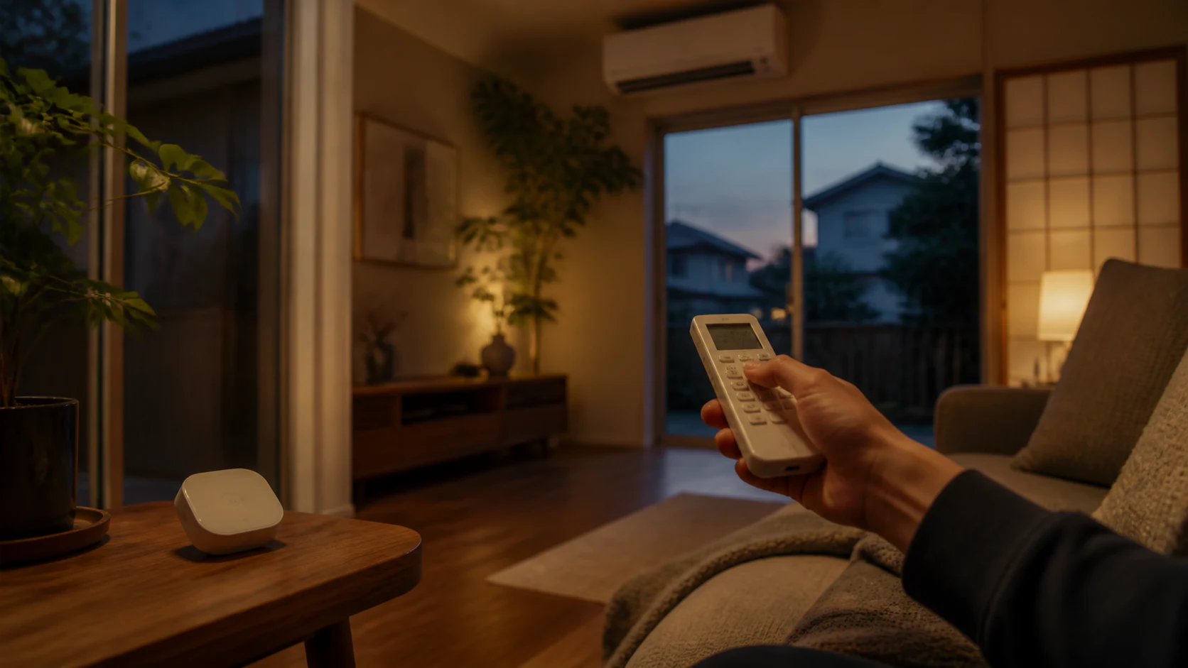 夕方の日本のリビングでエアコンのリモコンを手に取り手動操作へ戻す場面