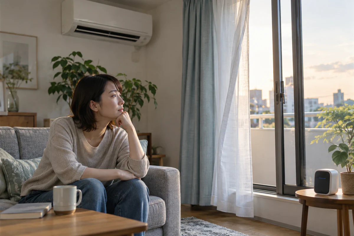 冷房中のリビングで空気質モニターを見ながら窓の開け方を考える場面