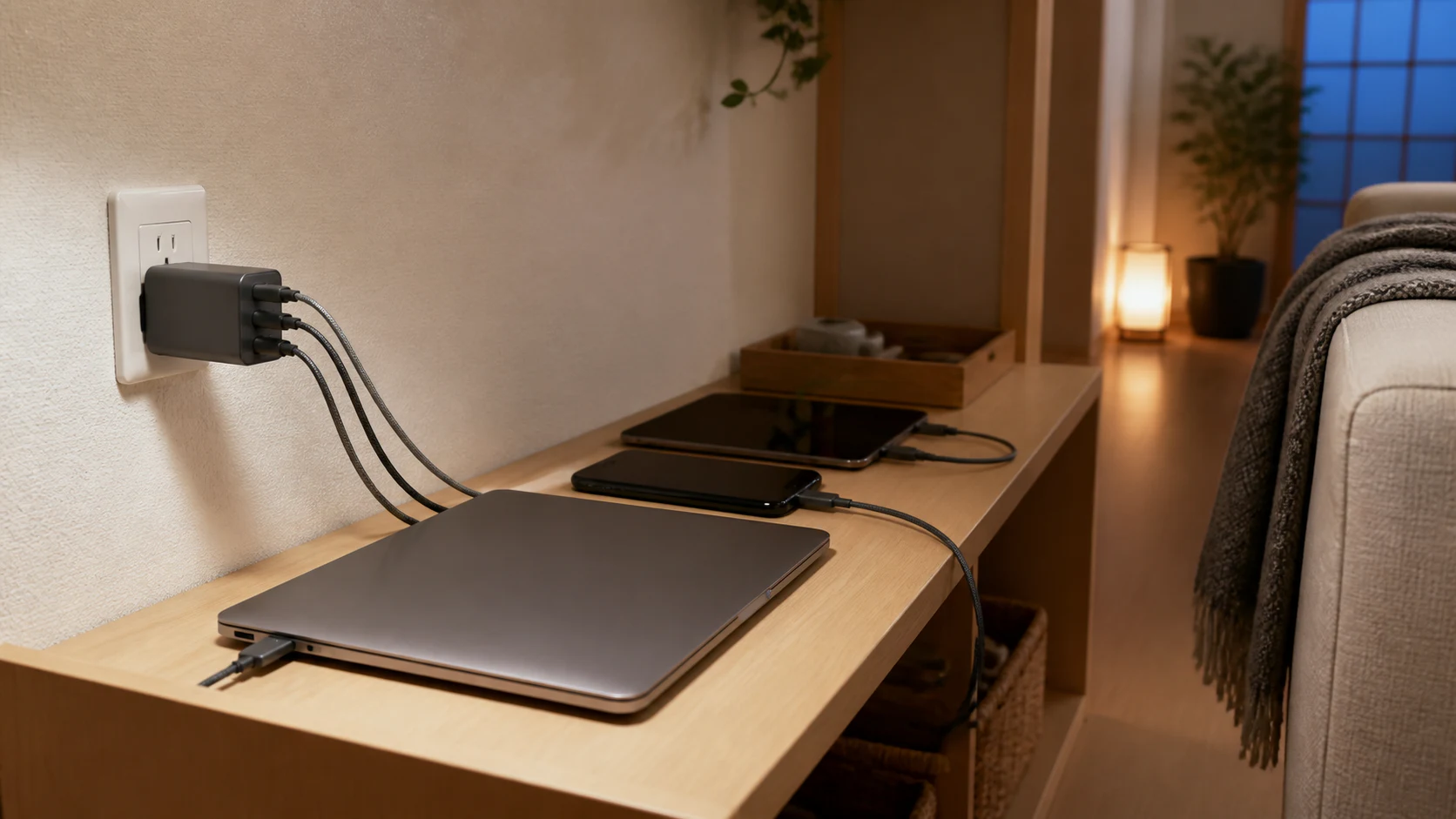リビングの棚に置いたUSB-C充電器からノートPC、スマートフォン、タブレットへケーブルを伸ばした様子
