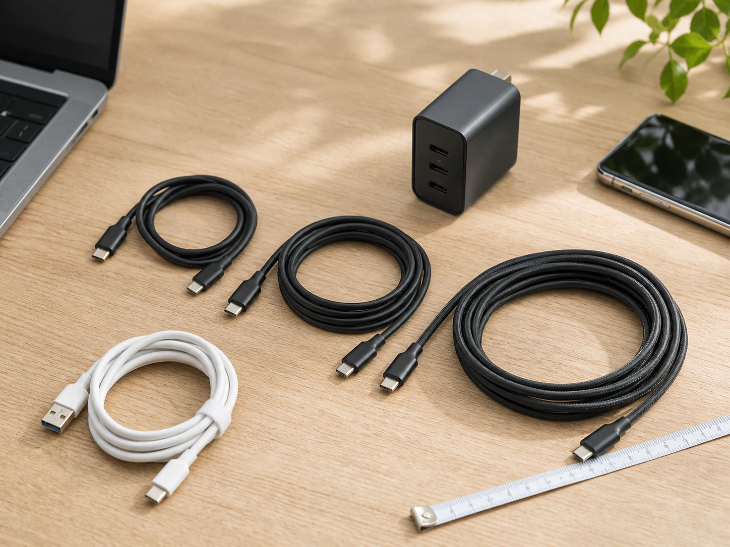 USB-CケーブルとUSB-Aケーブルを充電器のそばで長さと端子ごとに確認するイメージ
