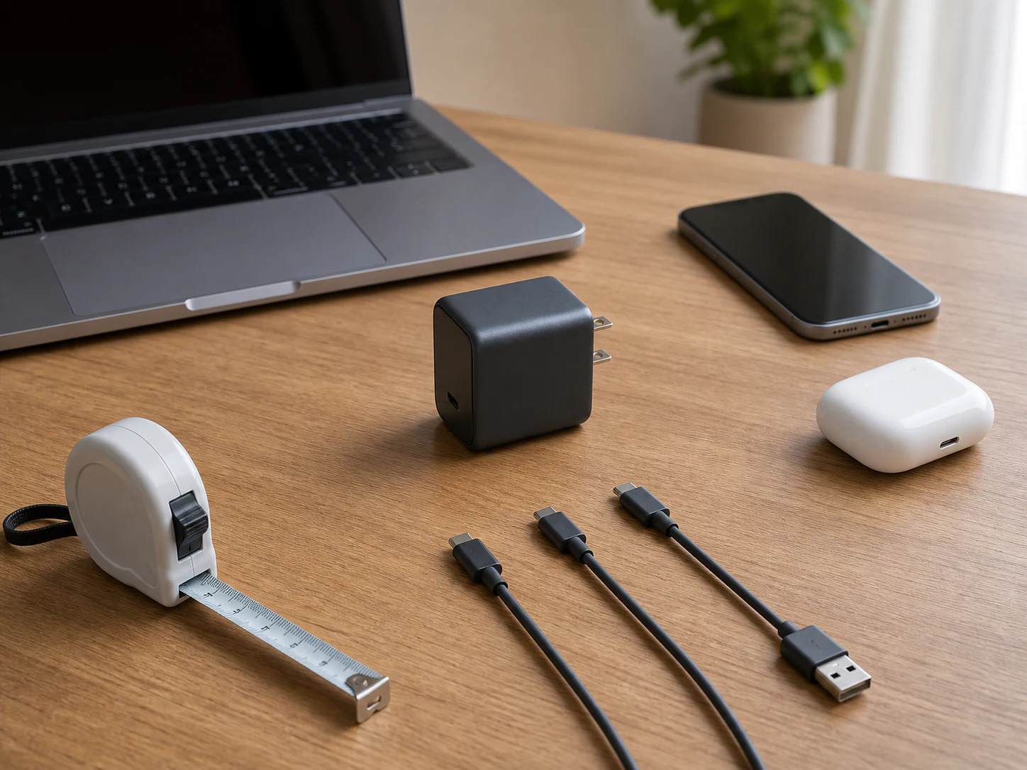 ノートPC・スマートフォン・ケーブルを充電器の購入前に並べて確認するイメージ