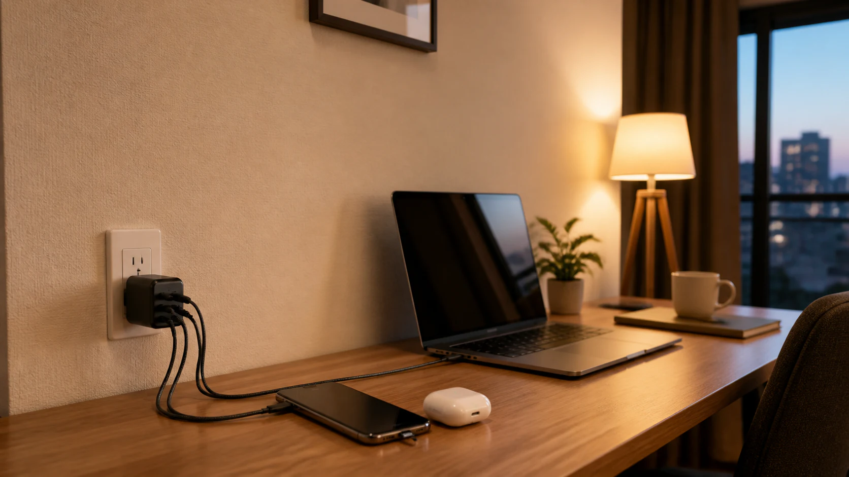 日本の仕事机でノートPCとスマートフォンとイヤホンを一つの充電器へ戻す夜の使用イメージ