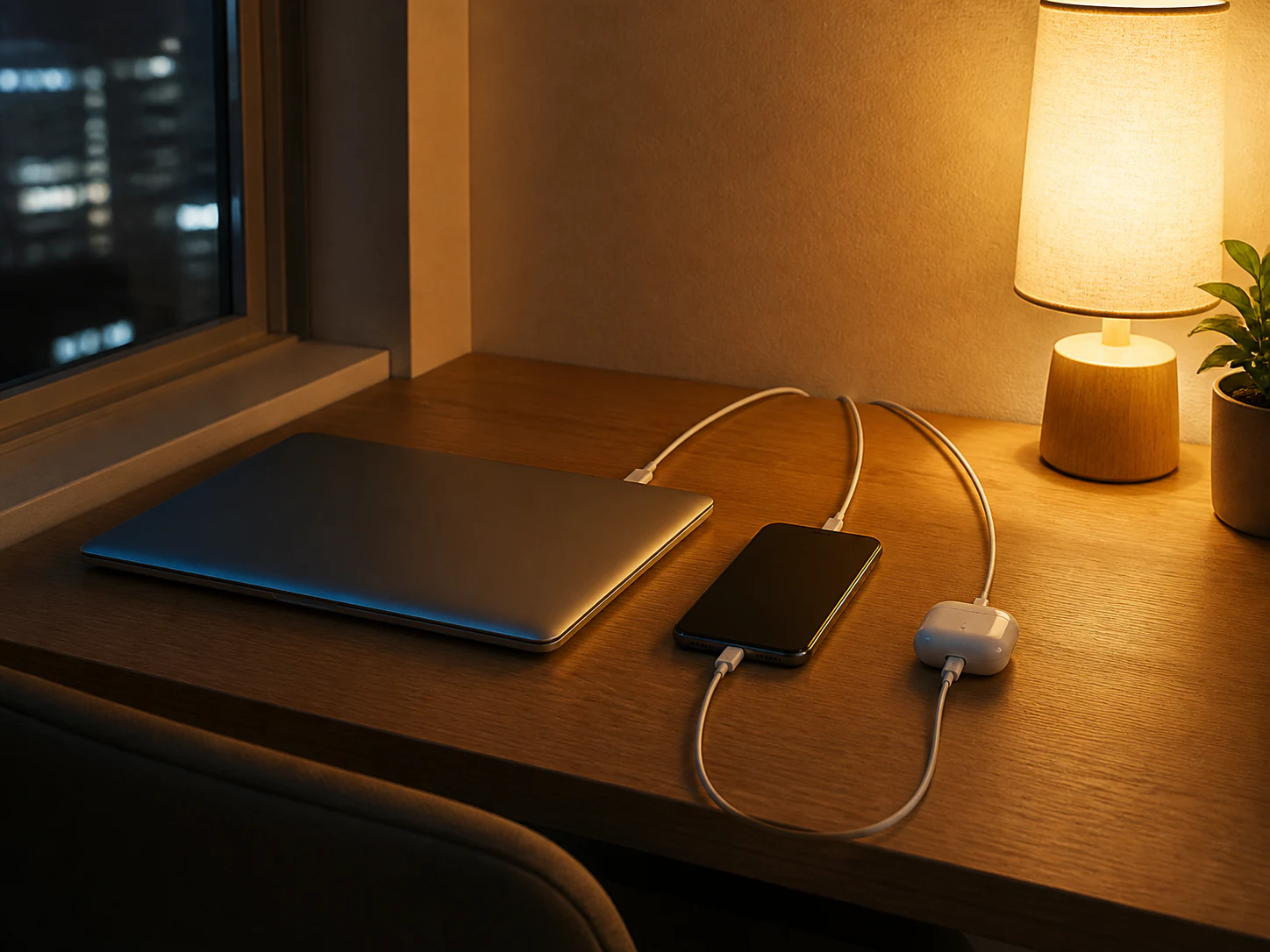 ノートPC・スマートフォン・イヤホンを夜に一つの充電場所へ戻す机上のイメージ