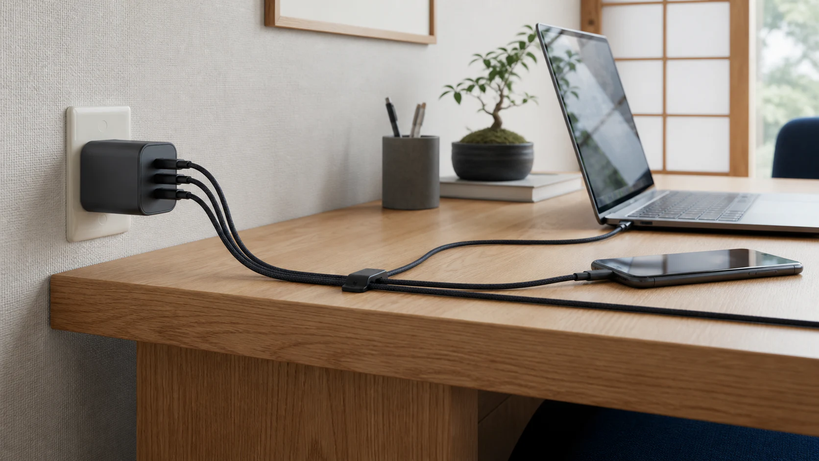 机の奥にあるコンセントから3ポート充電器とノートPC・スマートフォンへケーブルを通す使用イメージ