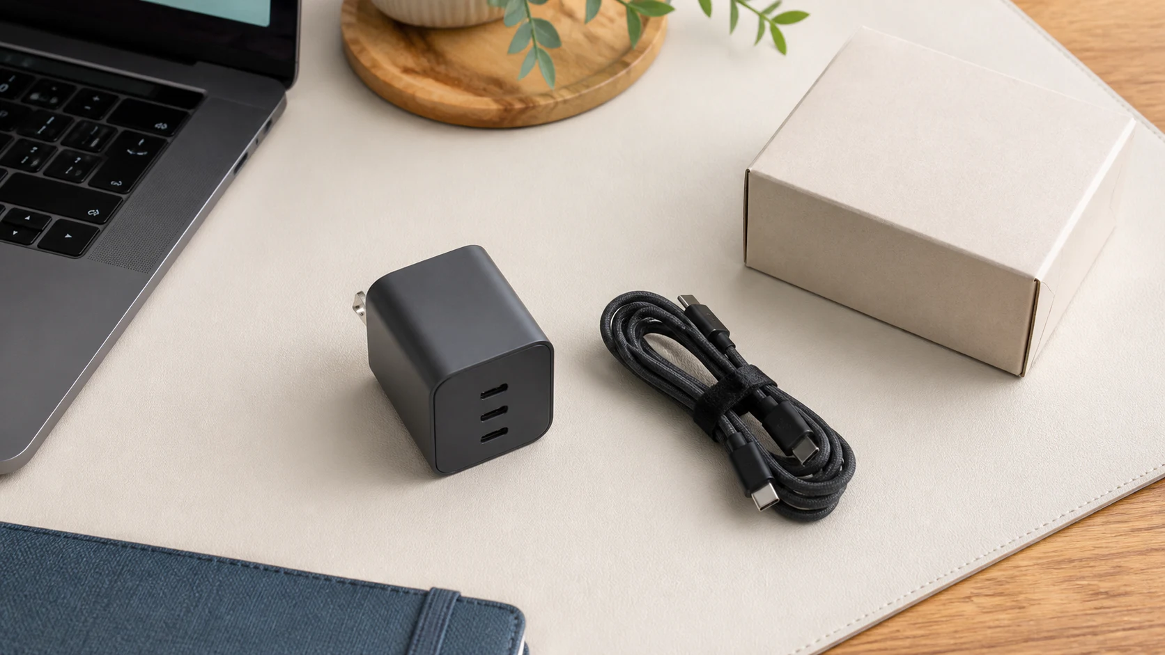 3ポート充電器、USB-Cケーブル、ノートPCを購入前に机へ並べて確認するイメージ