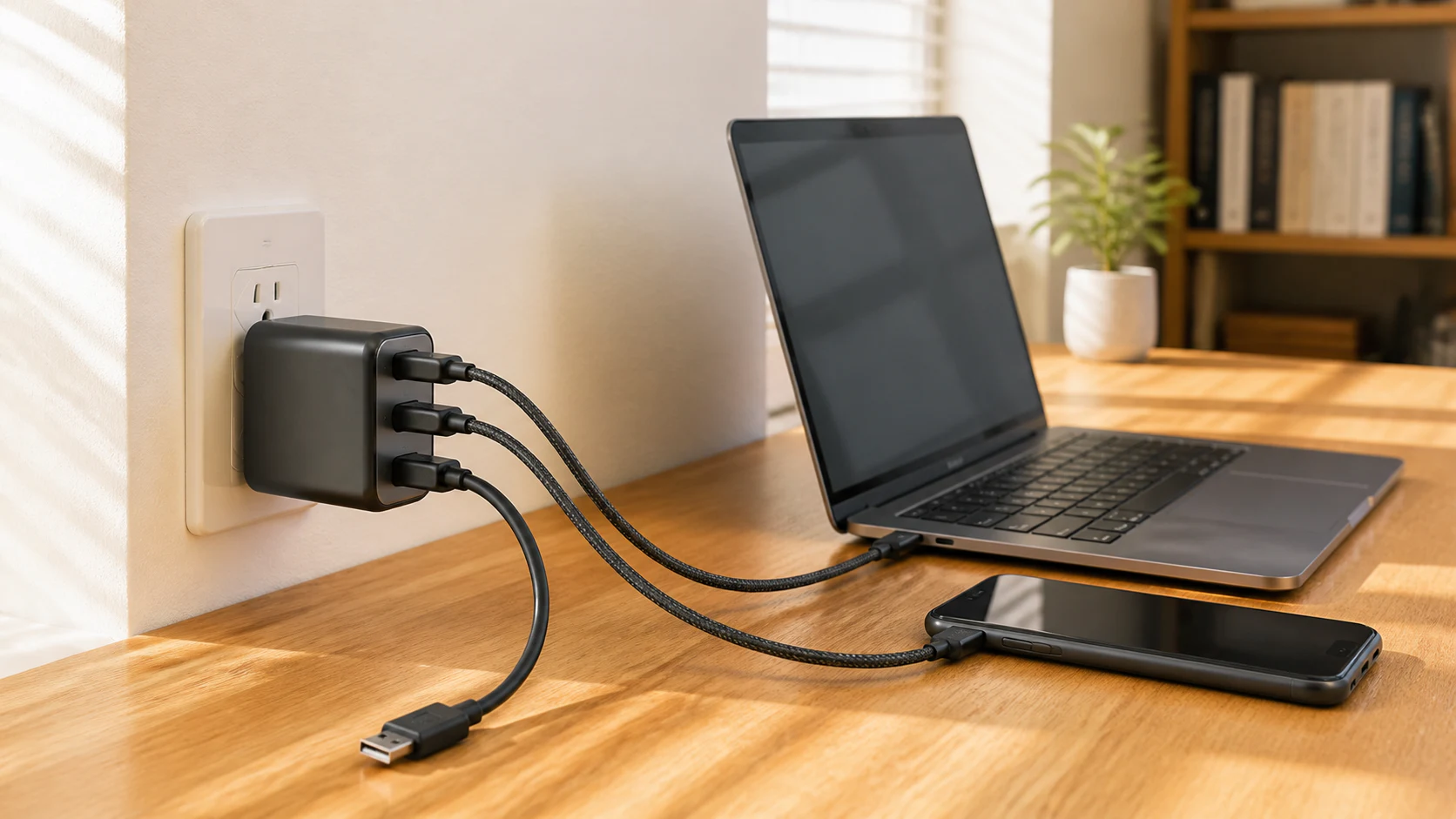 ノートPCとスマートフォンを3ポート充電器から充電する日本の仕事机の使用イメージ