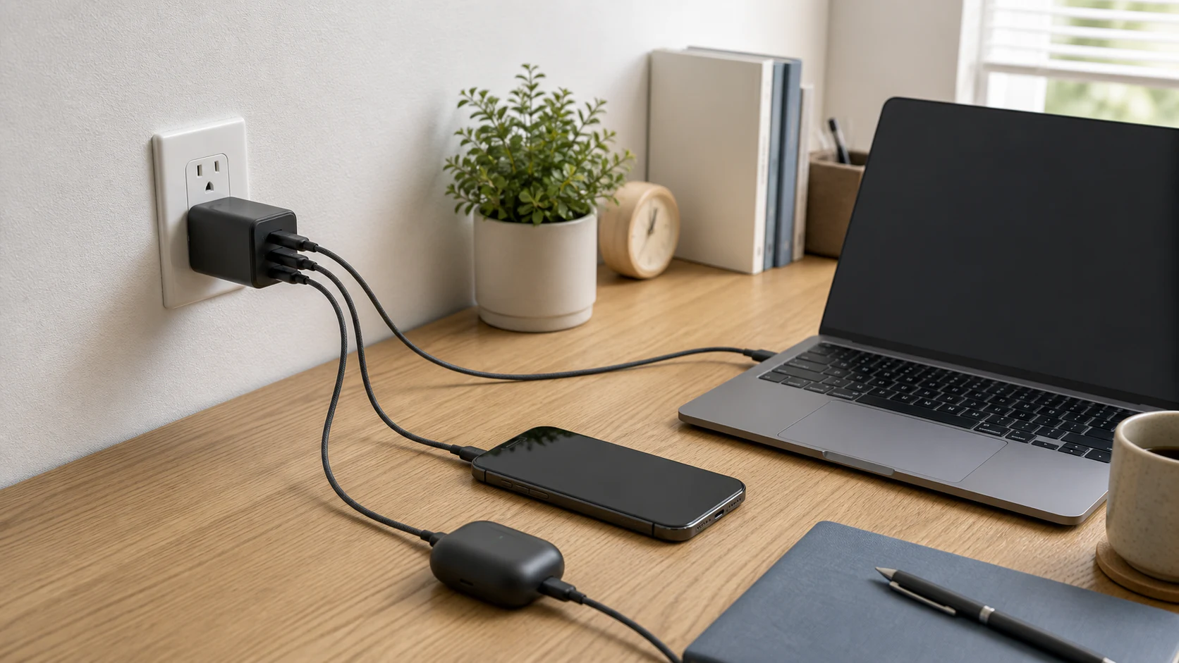 一口コンセントからノートPC、スマートフォン、小物へケーブルを分ける3ポート充電器の使用イメージ