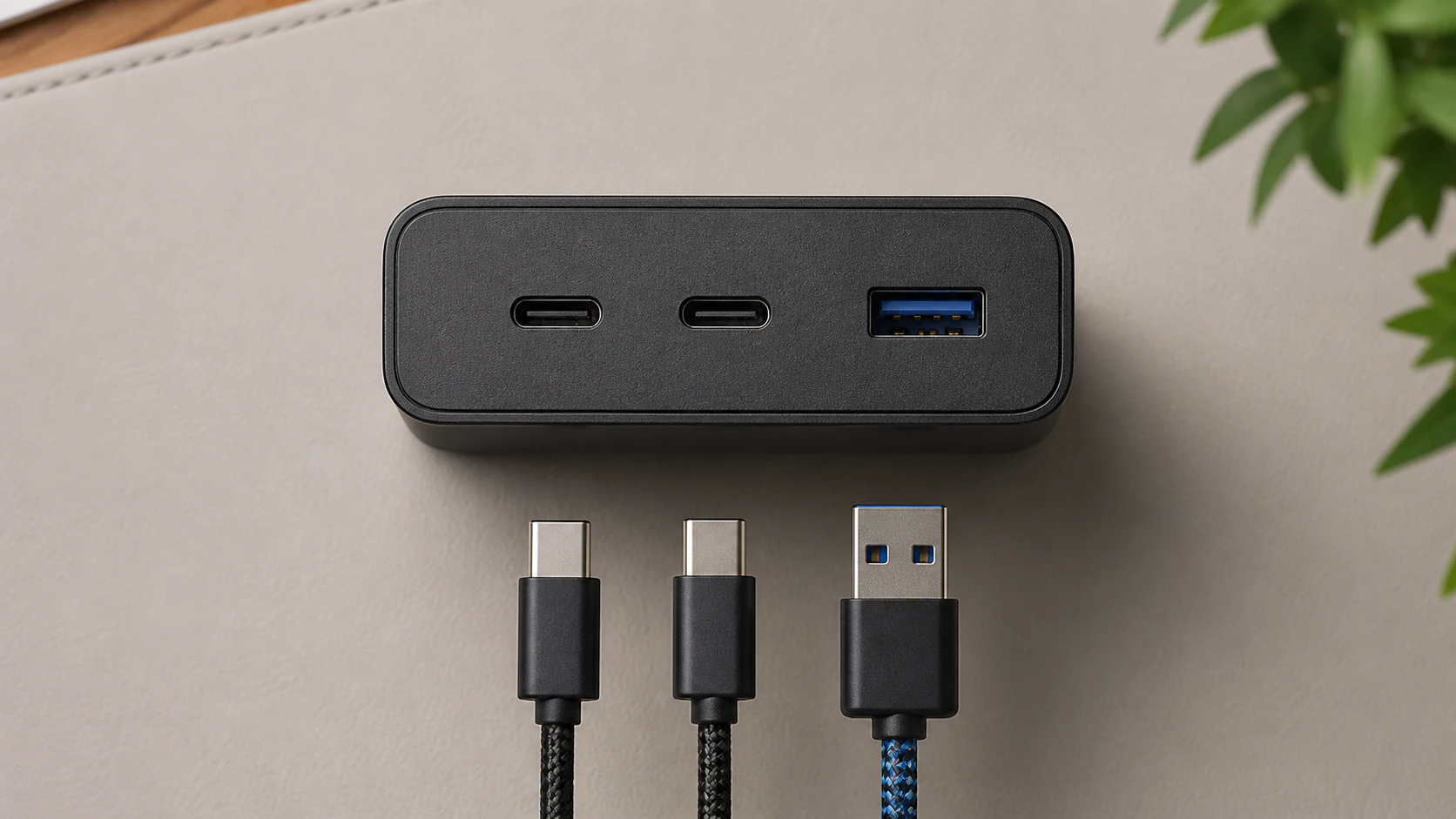 USB-C×2とUSB-A×1のポート構成を示す3ポート充電器の接写イメージ