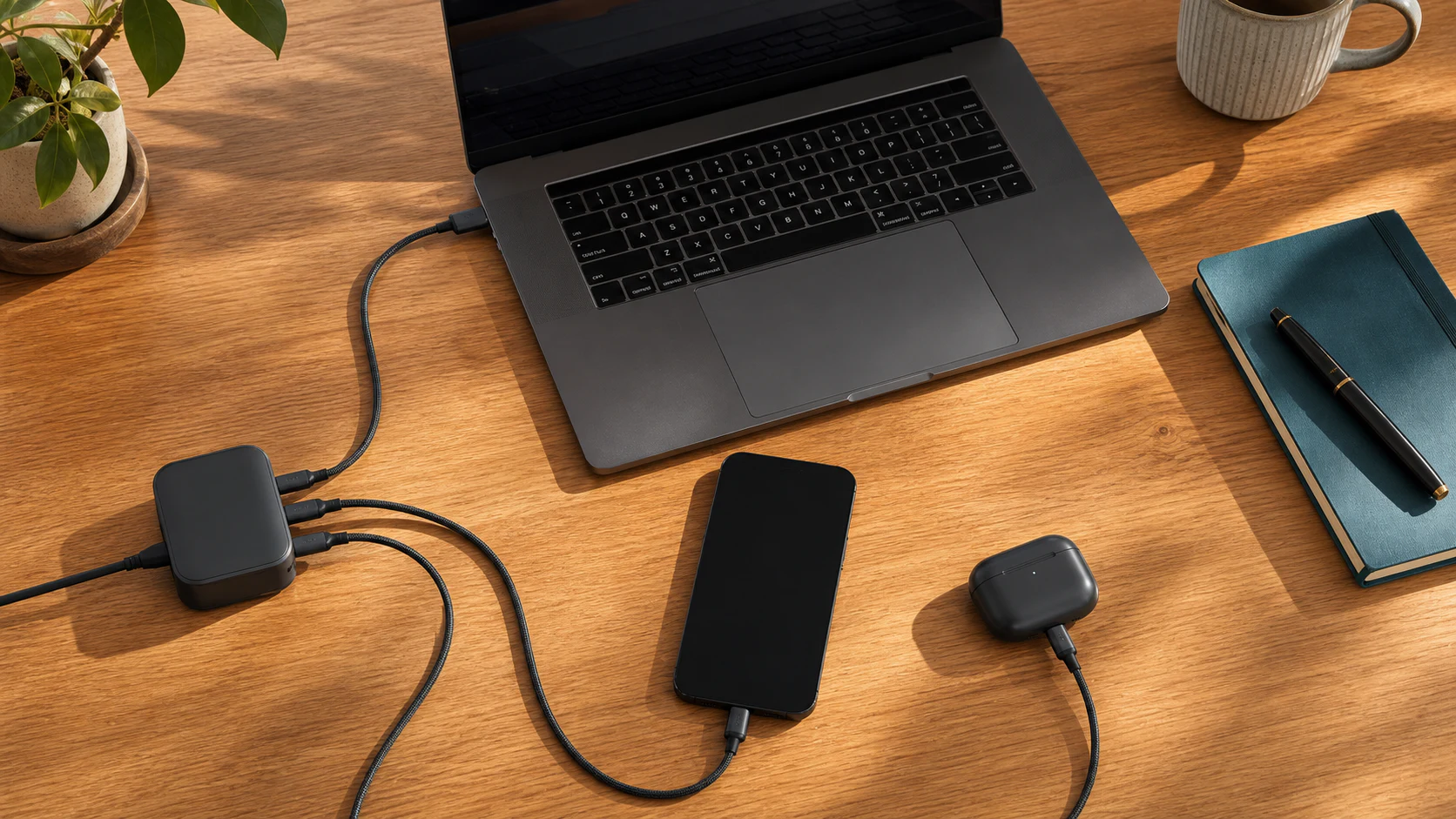 ノートPC、スマートフォン、イヤホンケースを一つの3ポート充電器へつなぐ机上の使用イメージ