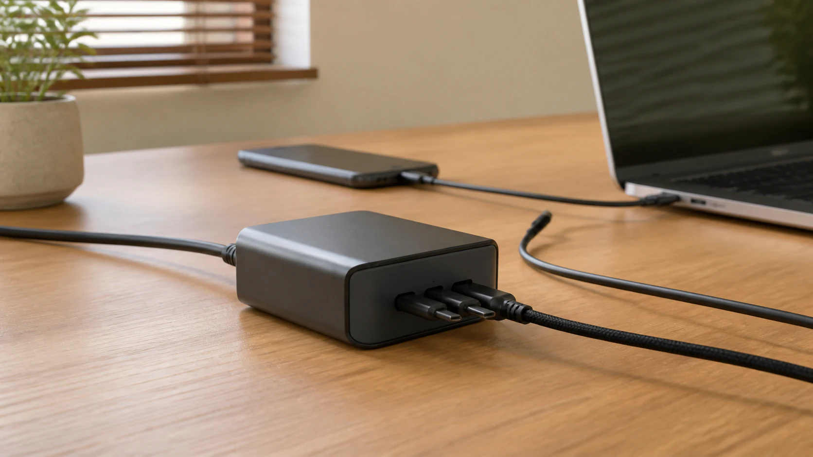 本体の周囲をふさがず硬い机へ置いた3ポート充電器の使用イメージ