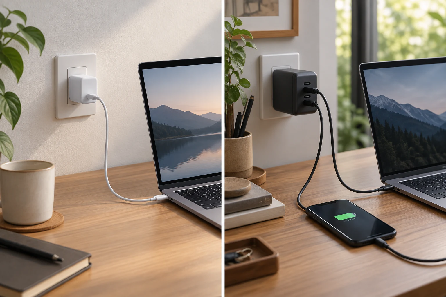 単ポートの電源でノートPCだけを充電する場面と、多ポートの電源で複数機器を充電する場面